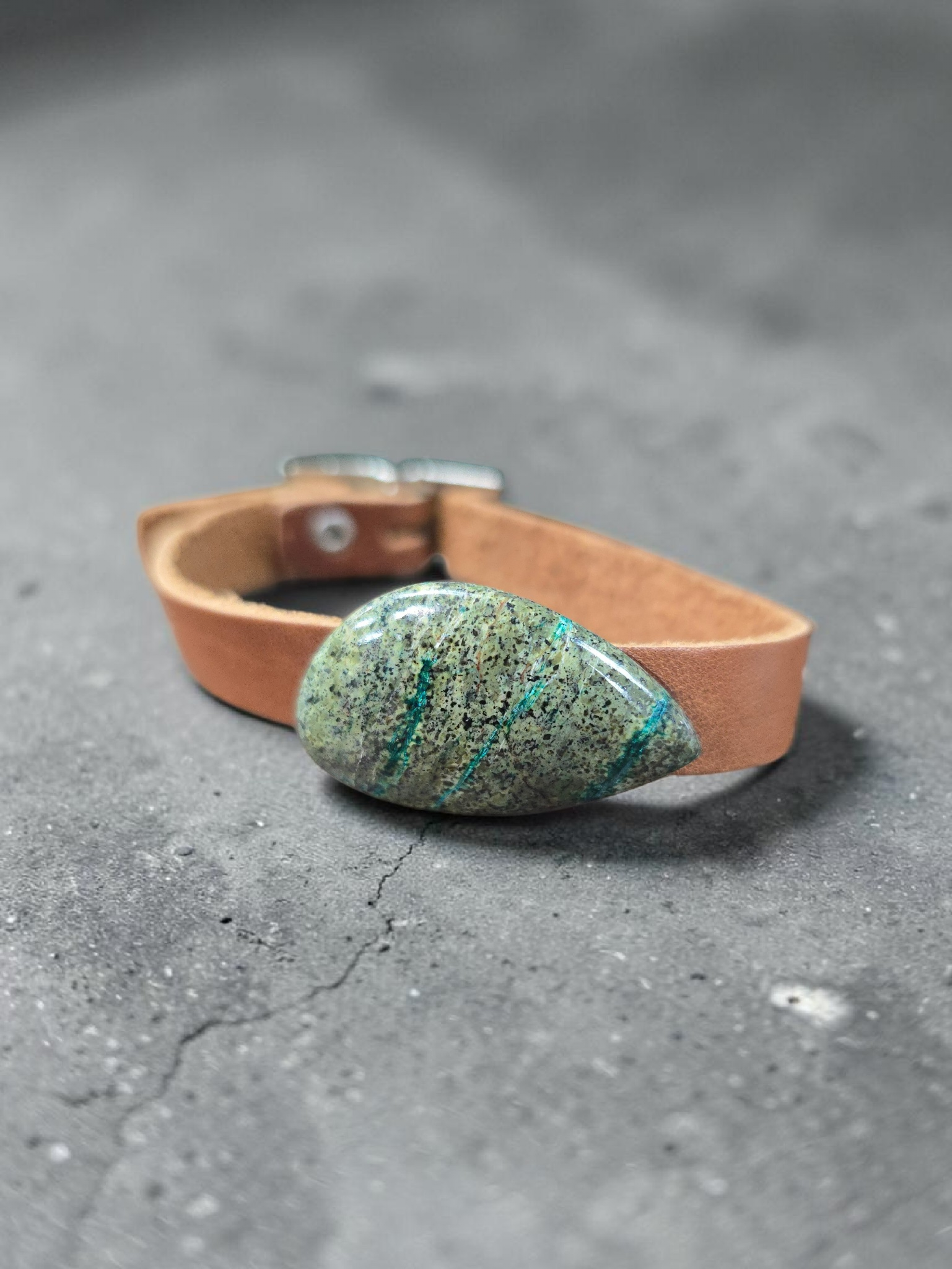 Unisex Tan Leather Adjustable Bracelet with Green Azurite Venter Gemstone
