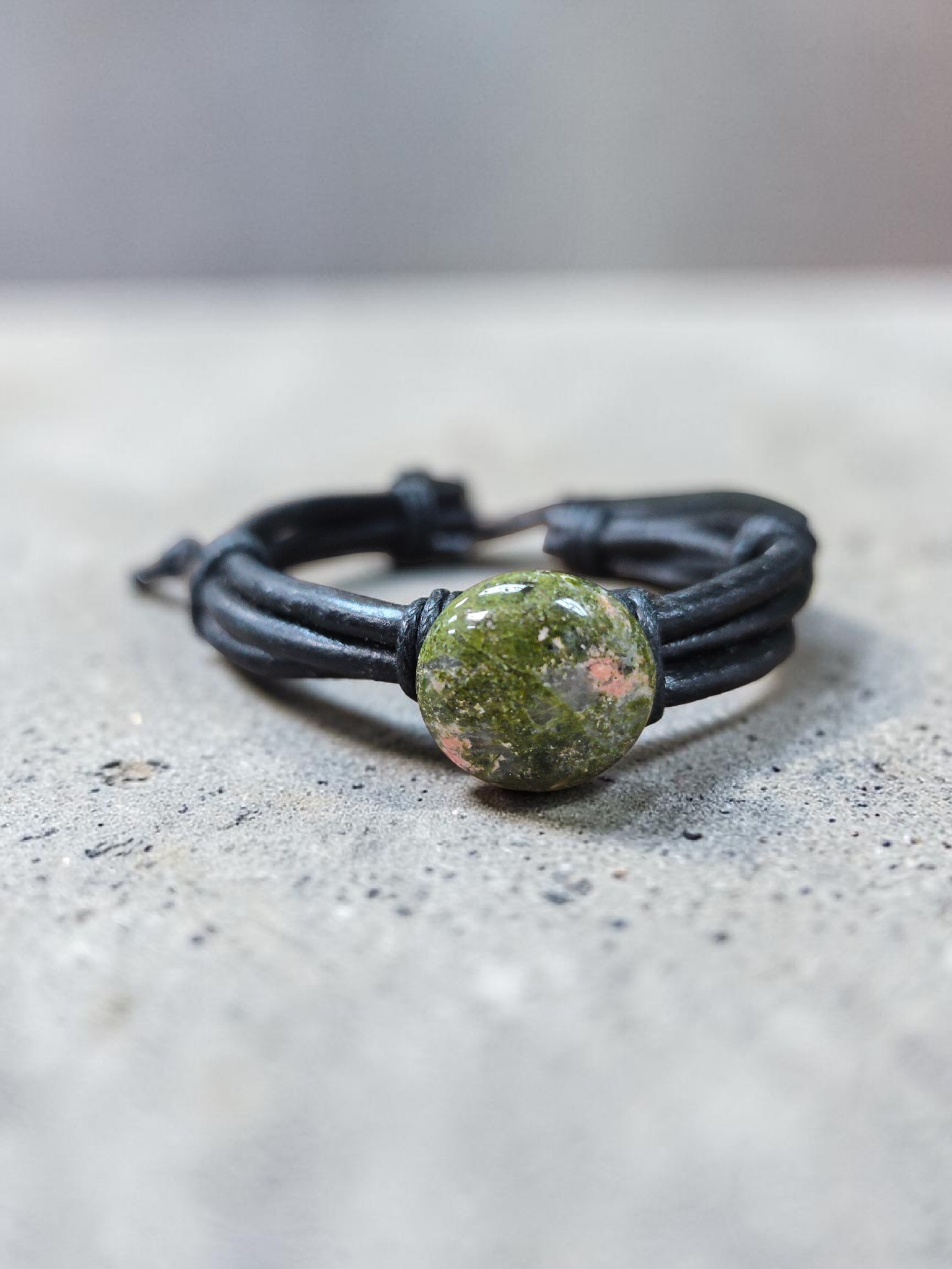 Men's Brown or Black Leather Adjustable Bracelet with Gemstone