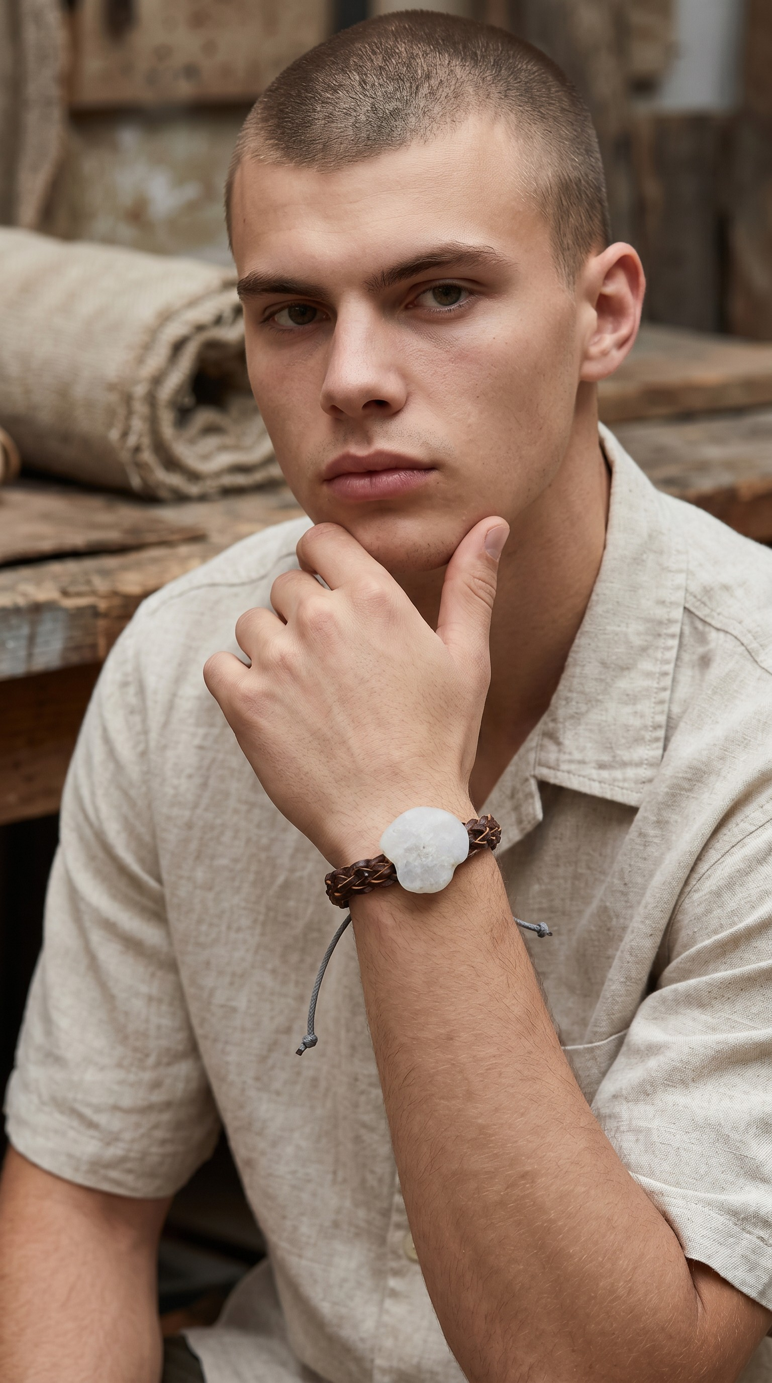 Men's Brown or Black Leather Adjustable Bracelet with Gemstone