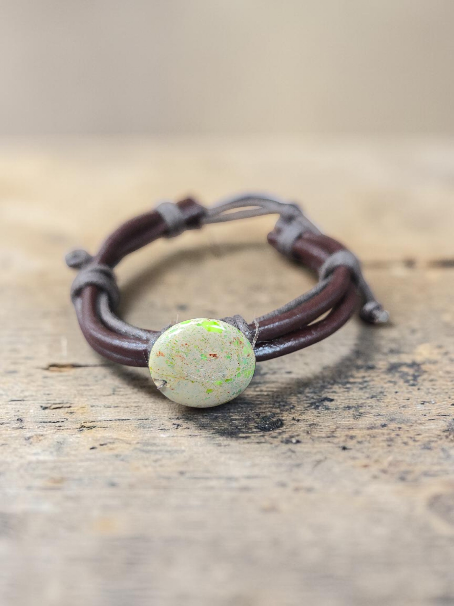 Men's Brown or Black Leather Adjustable Bracelet with Gemstone