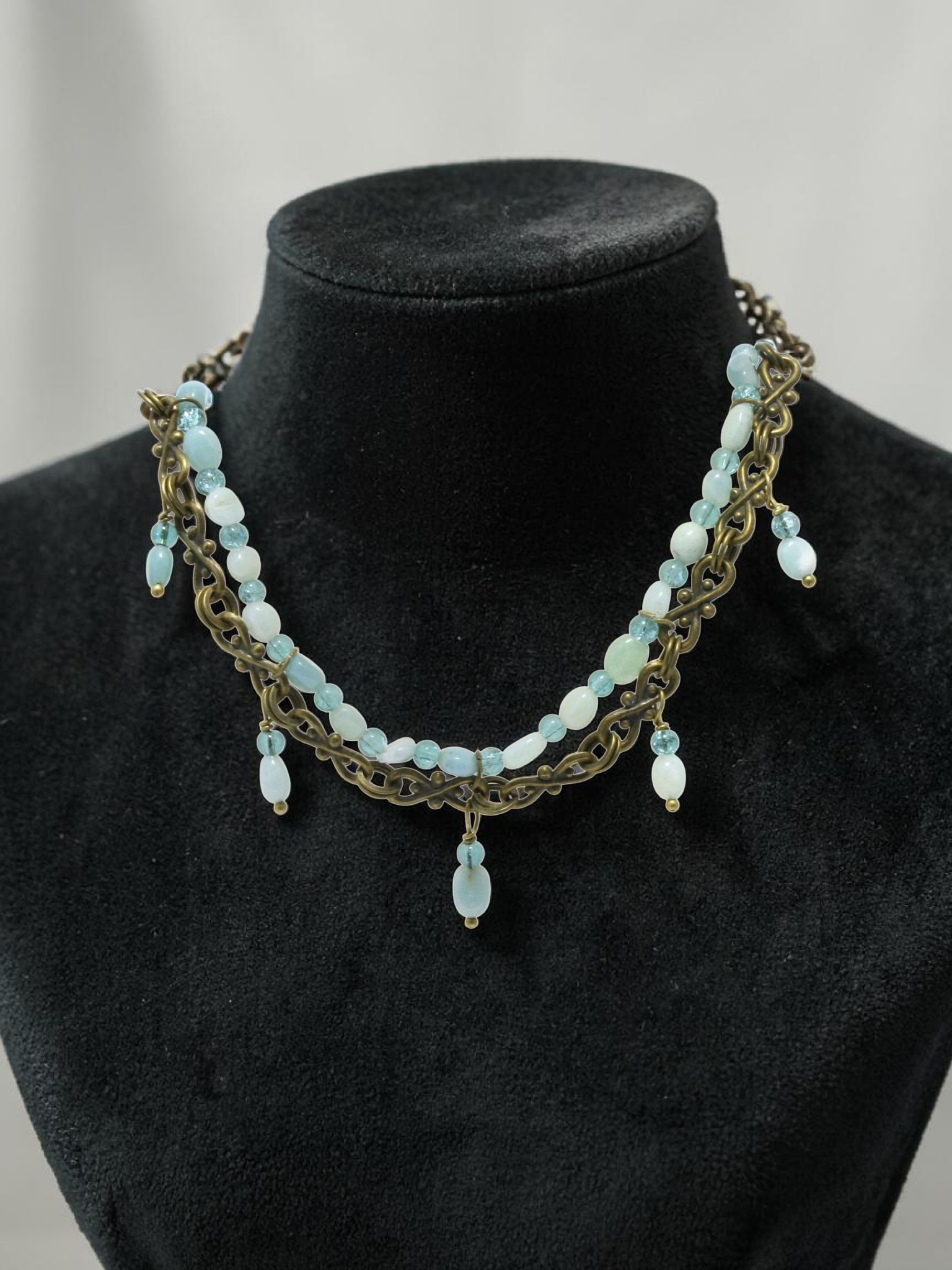 Antique Gold Amazonite Statement Necklace - Healing Crystal Jewelry - Adjustable 18-20"