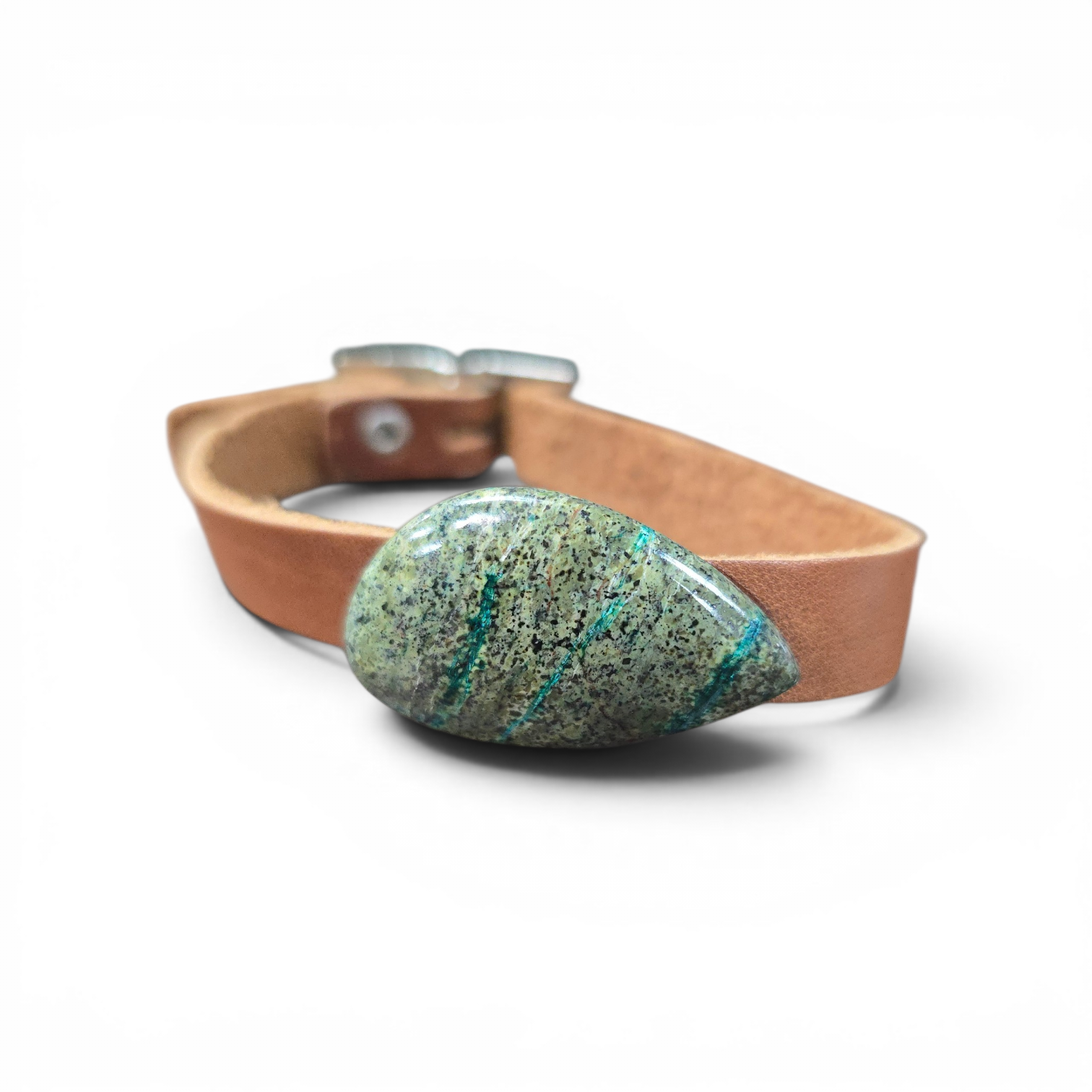 Unisex Tan Leather Adjustable Bracelet with Green Azurite Venter Gemstone
