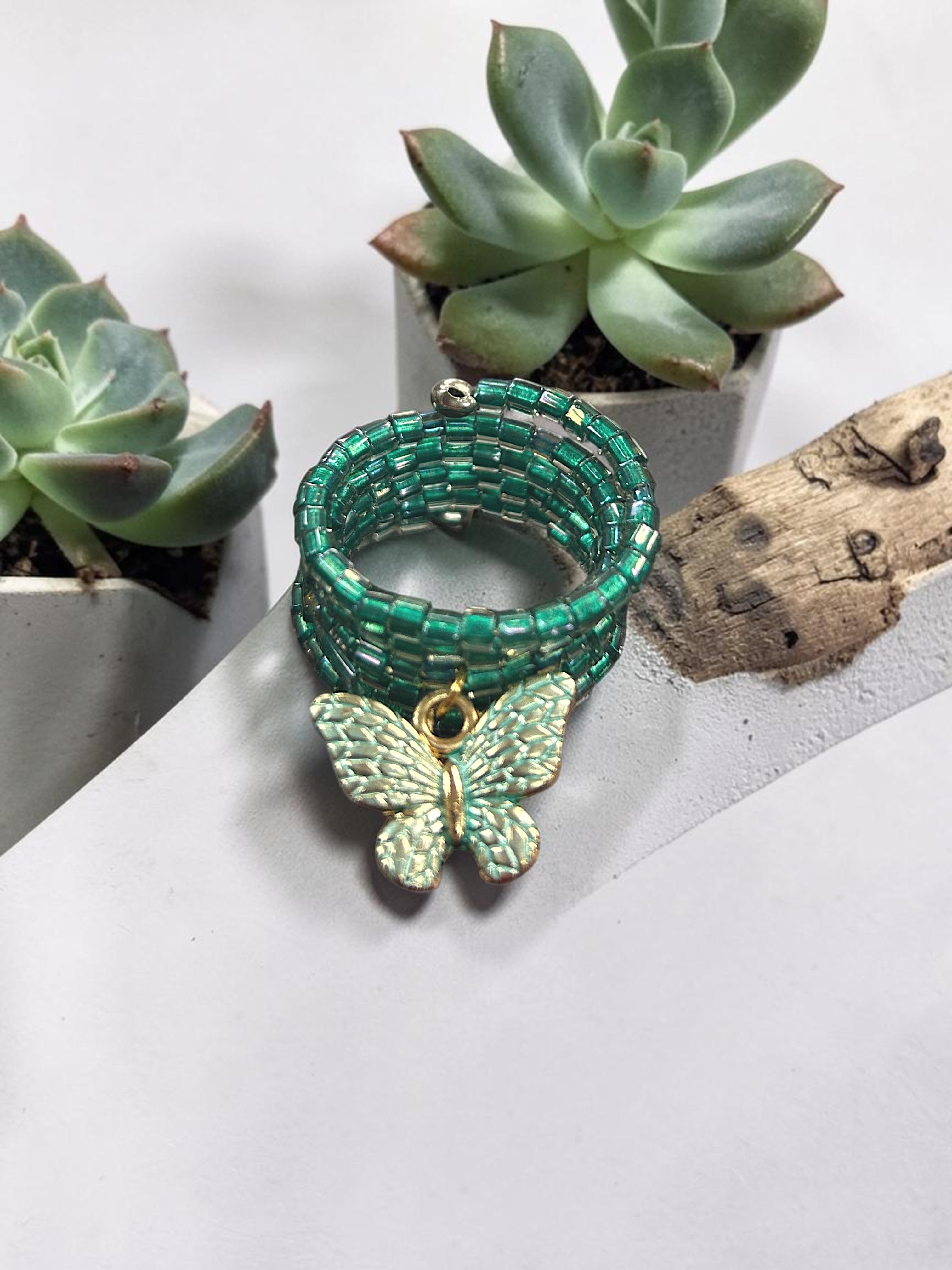 Sea Green Beaded Spiral Ring with Aqua Butterfly Charm | Unique Handmade Jewelry