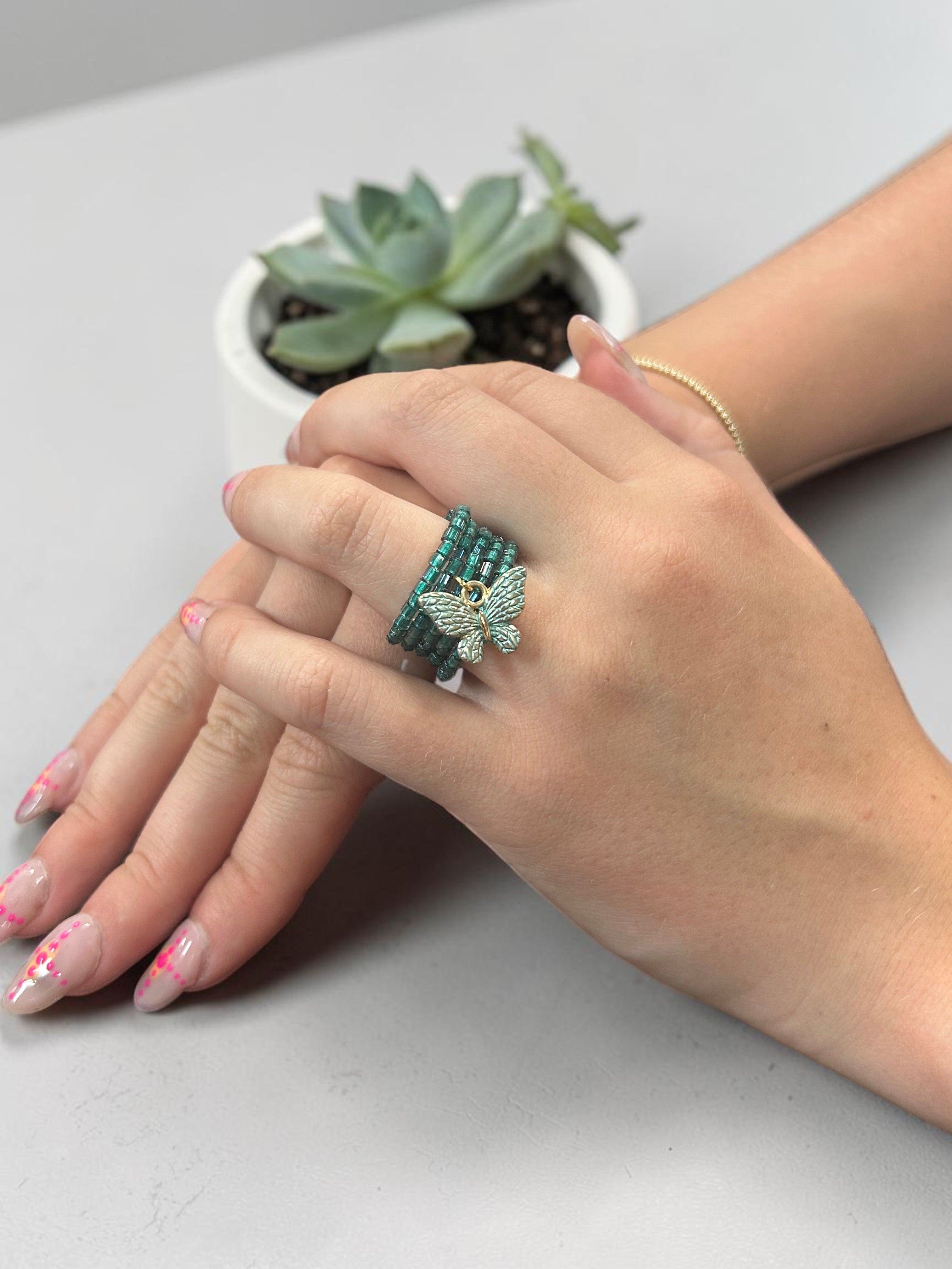 Sea Green Beaded Spiral Ring with Aqua Butterfly Charm | Unique Handmade Jewelry