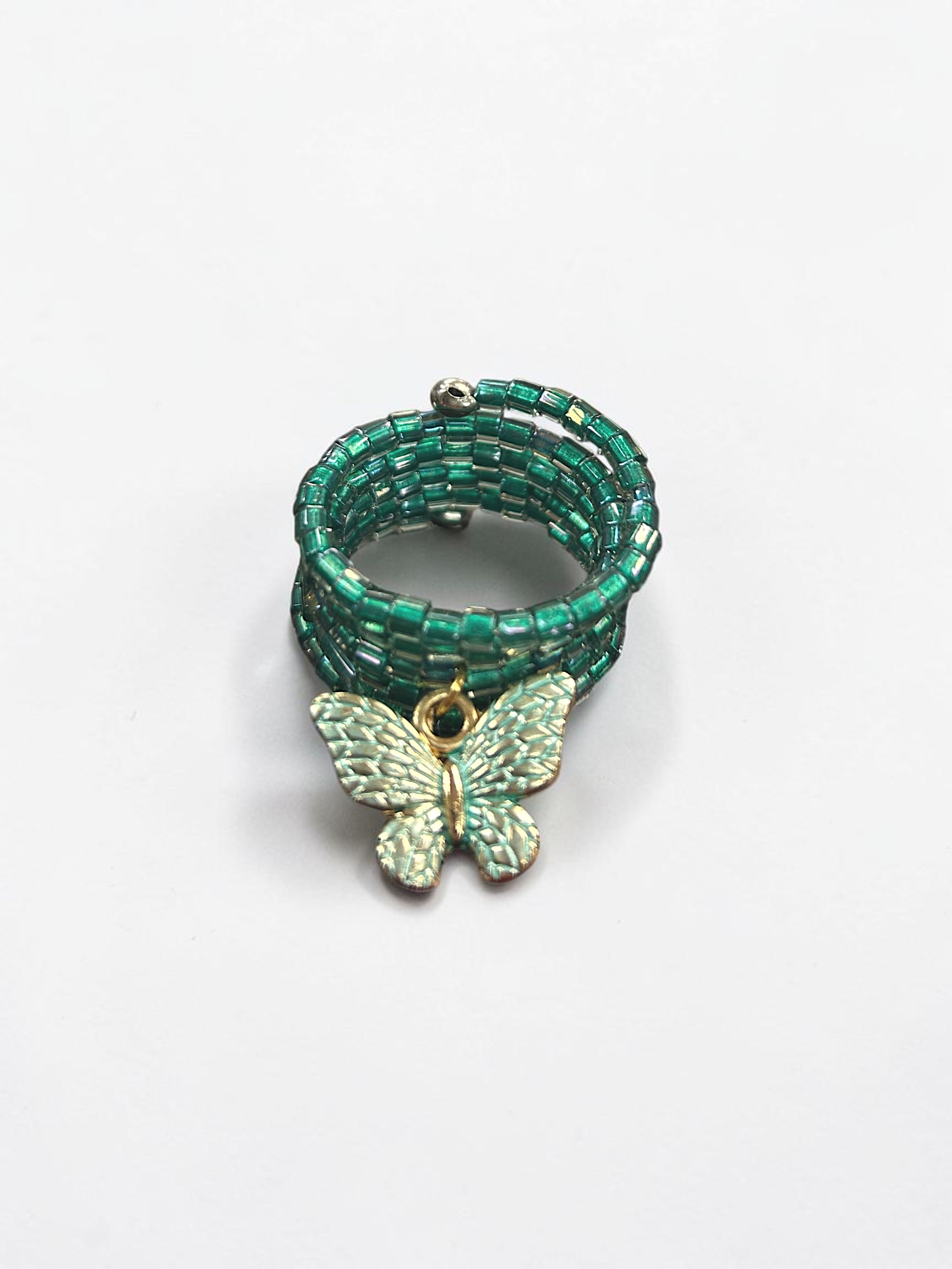 Sea Green Beaded Spiral Ring with Aqua Butterfly Charm | Unique Handmade Jewelry