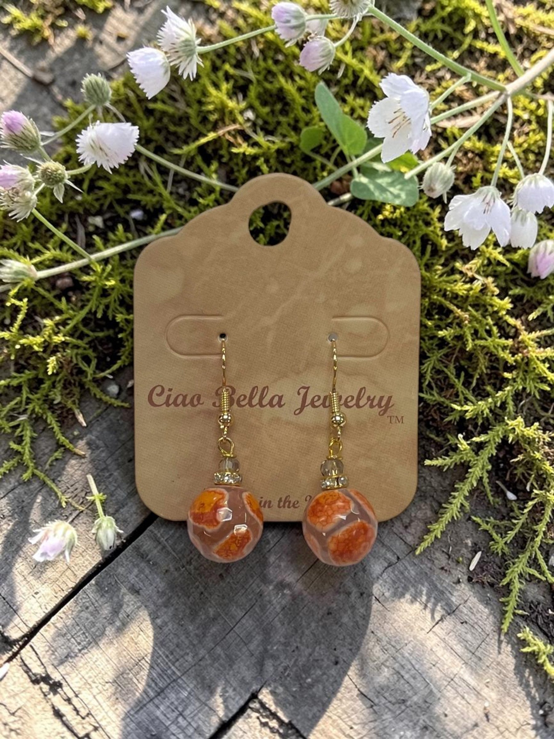 Elegant Orange Agate Sphere Dangle Earrings in Vibrant Gold Tones