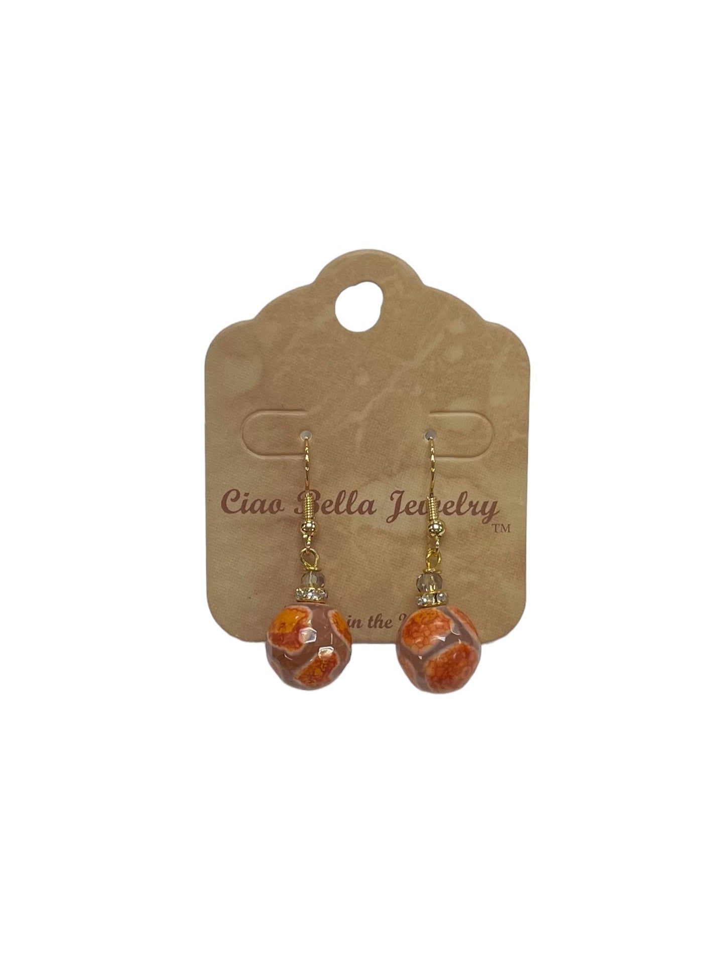 Elegant Orange Agate Sphere Dangle Earrings in Vibrant Gold Tones