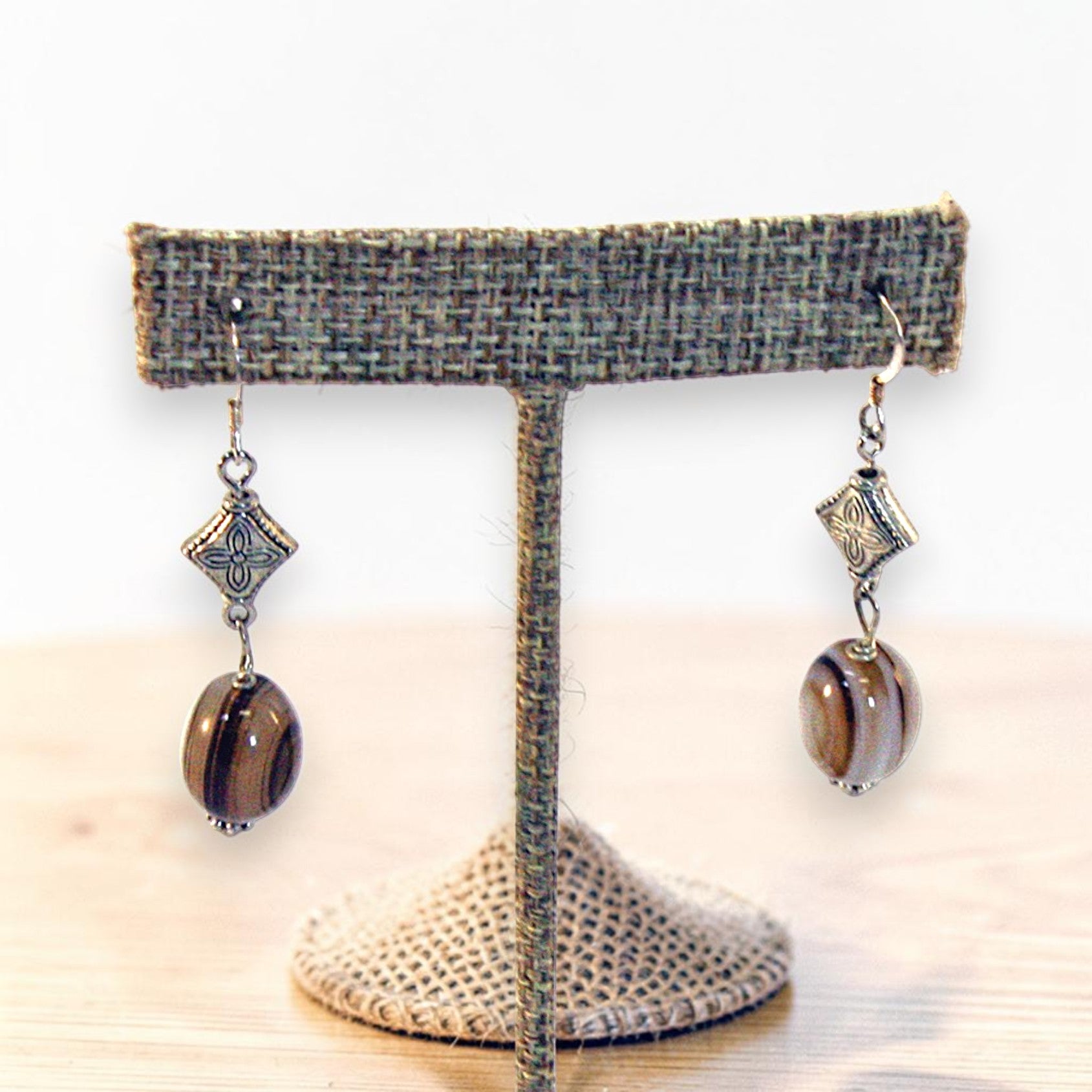 Brown Agate Gemstone Sterling Silver Dangle Earrings