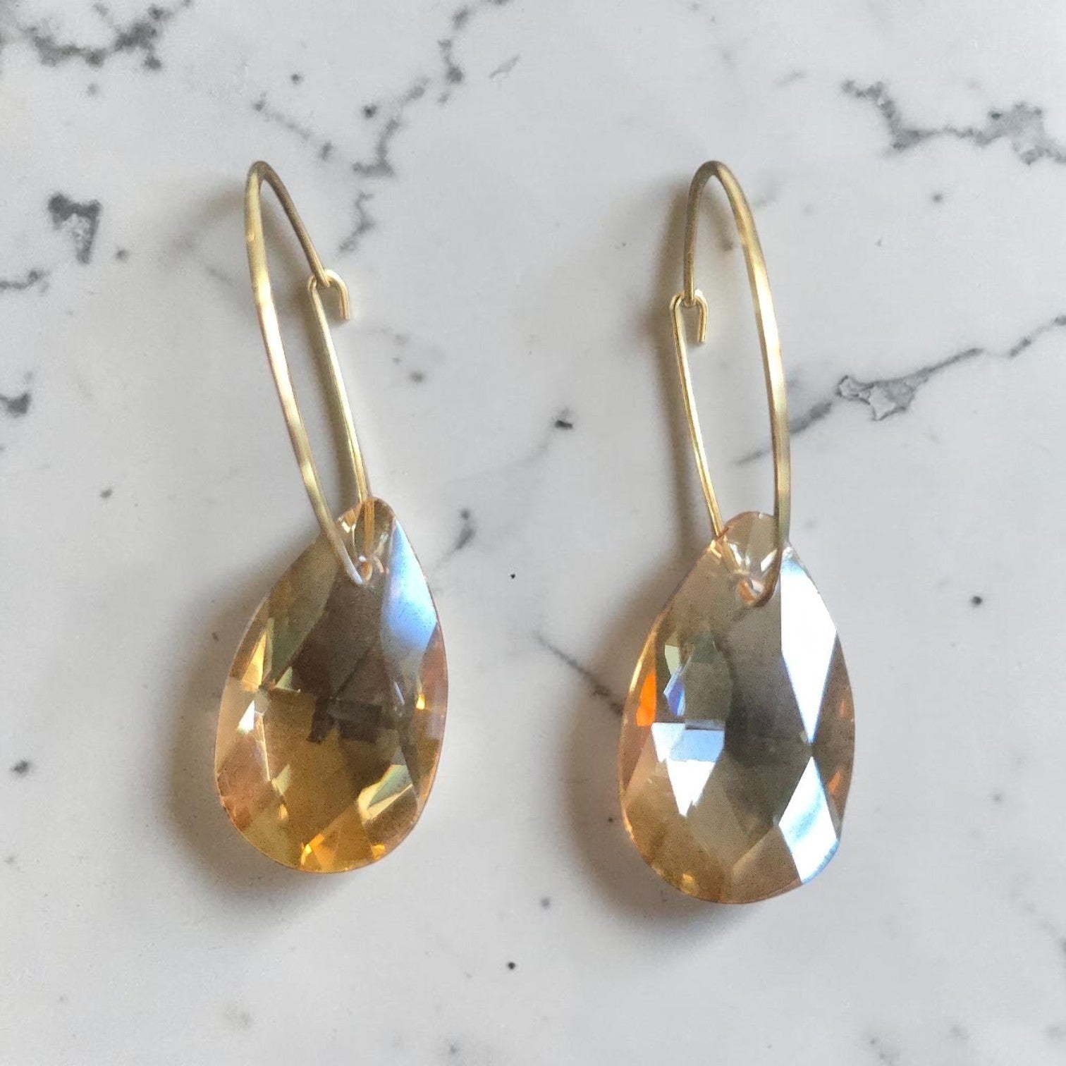 Elegant Crystal Teardrop Earrings in Shimmering Gray and Light Orange Colors