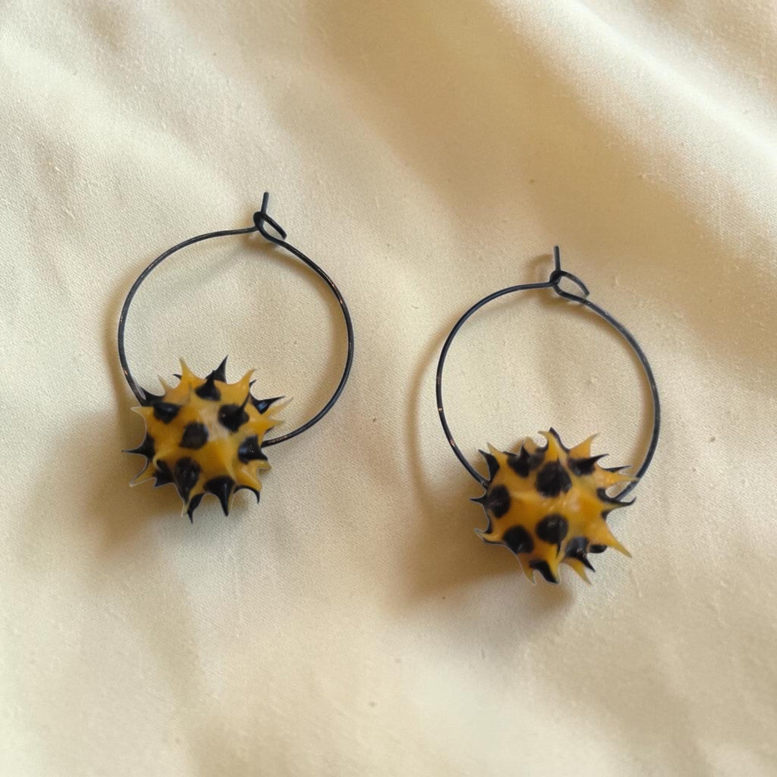 Edgy Appeal: Antique Silver Dangle Earrings with Black & Yellow Spiked Ball