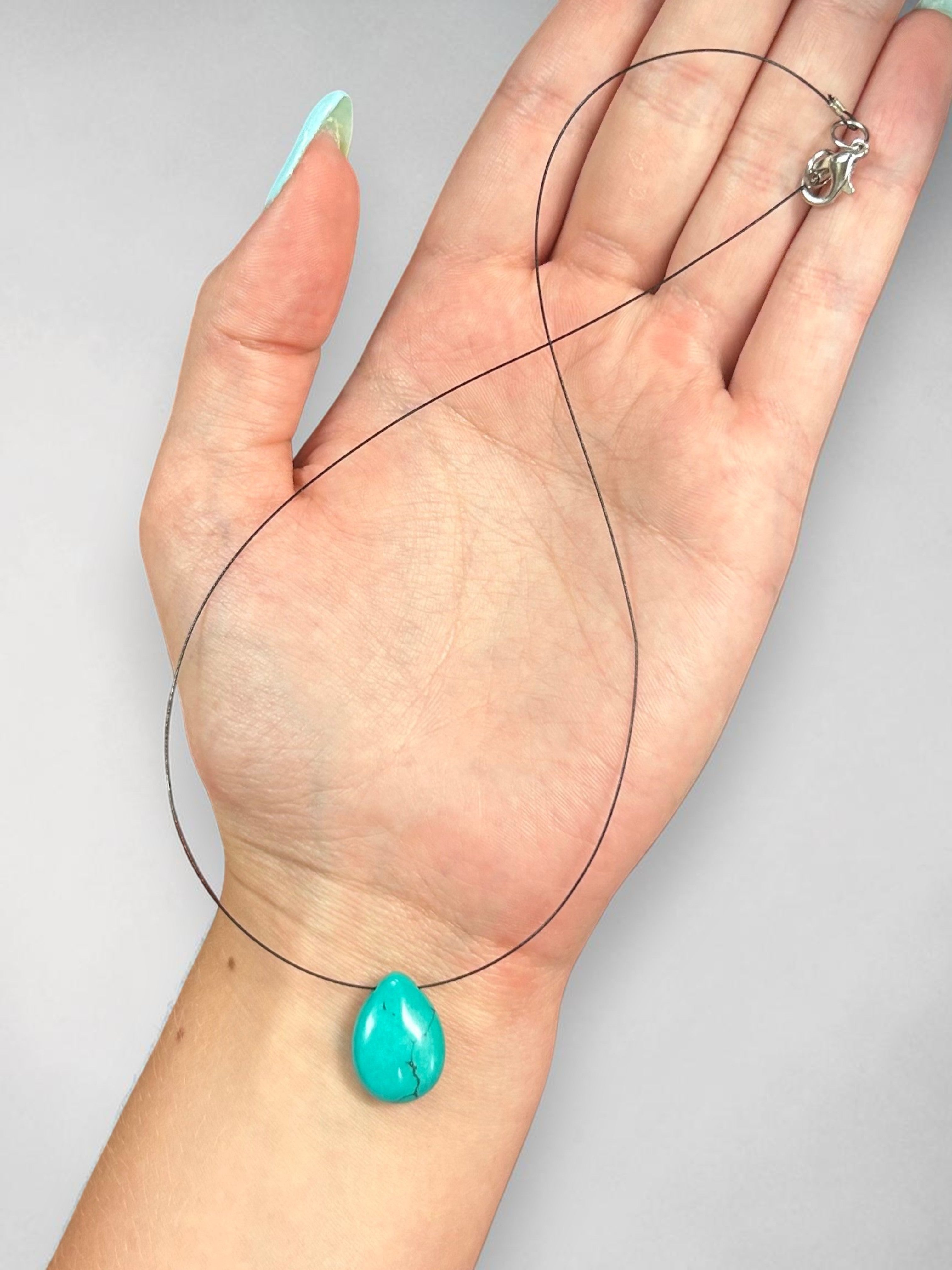 Turquoise Teardrop Pendent Necklace on Thin Black Wire