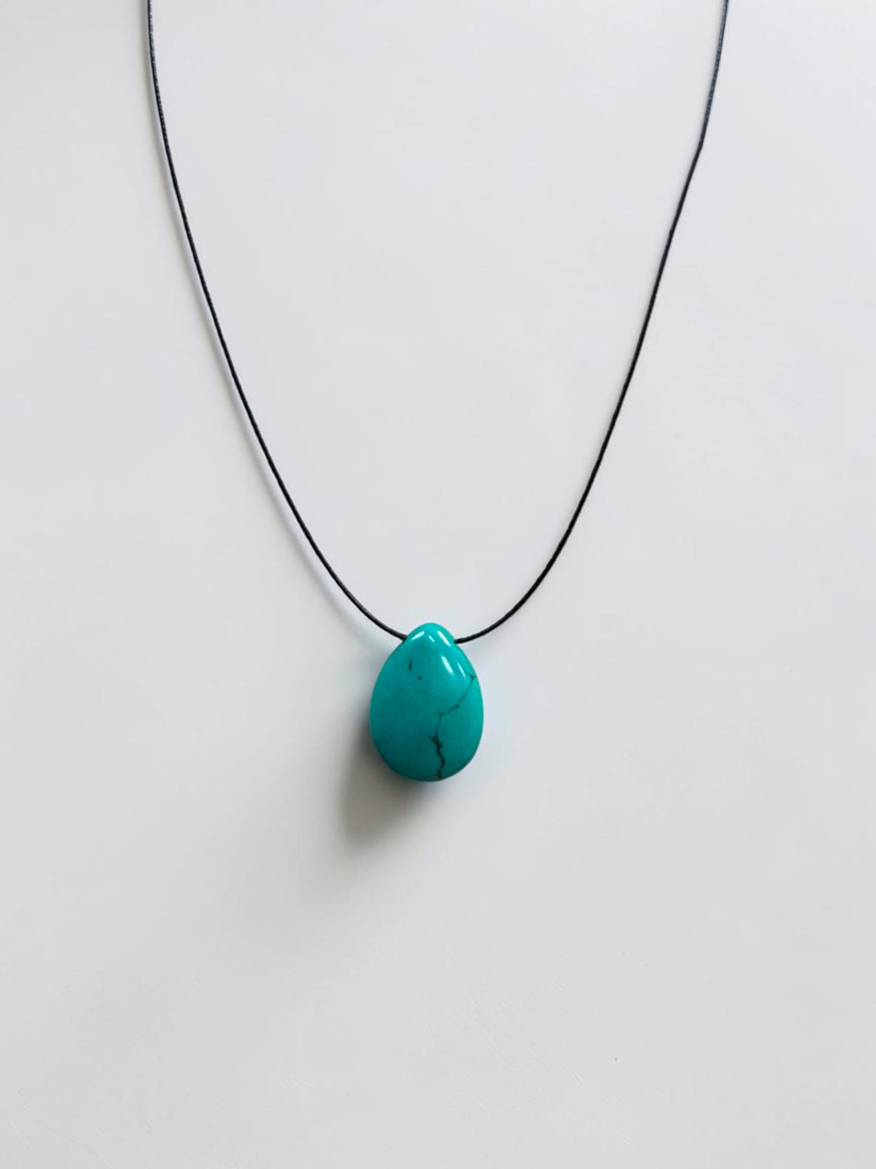 Turquoise Teardrop Pendent Necklace on Thin Black Wire