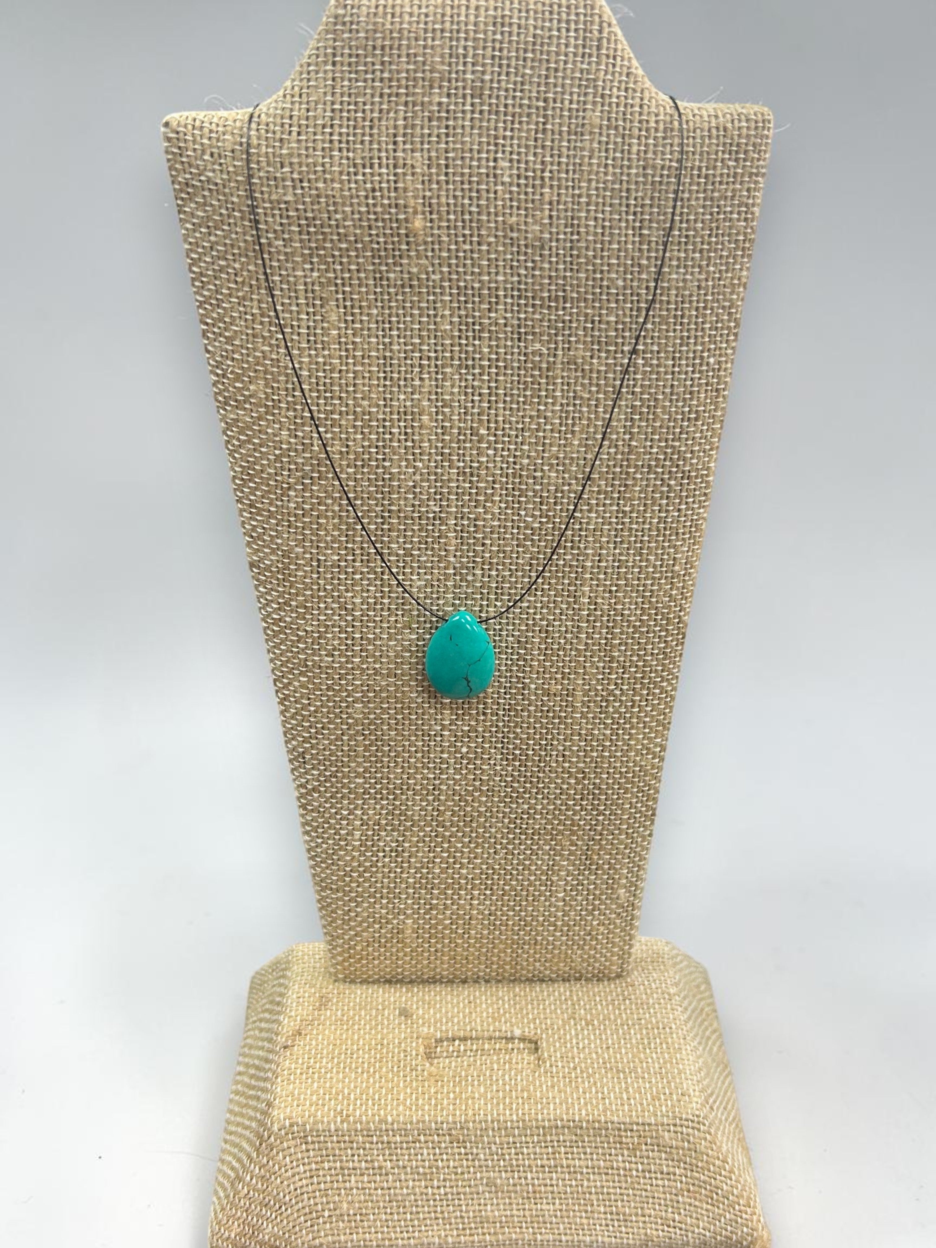 Turquoise Teardrop Pendent Necklace on Thin Black Wire
