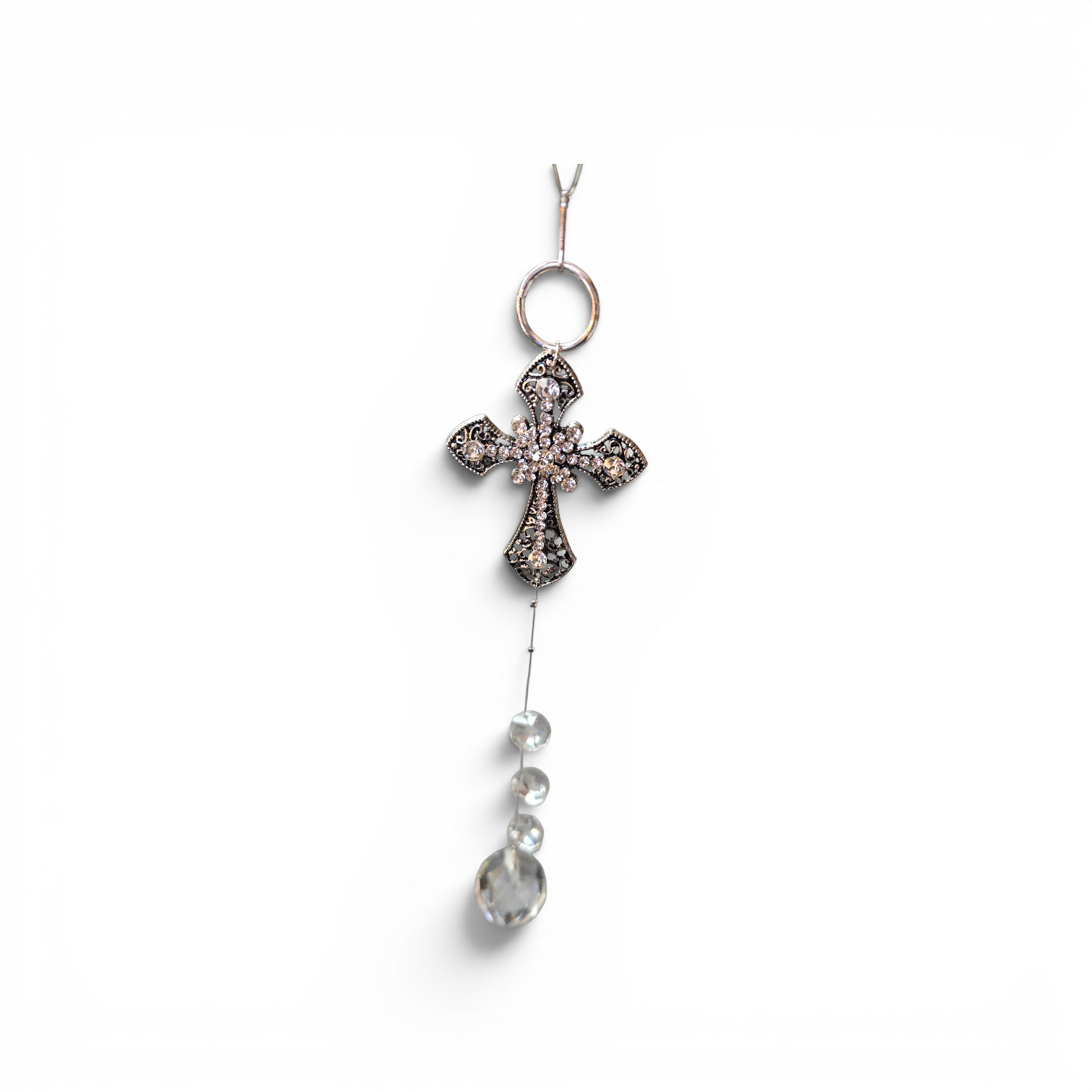 Silver Cross Car Pendant with Crystals | Unique Car Accessory | Handmade