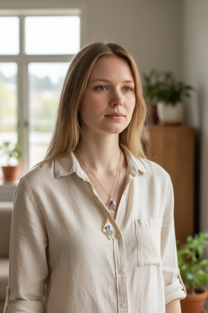 Gold Flower Pendant Necklace | Hand-Pressed Real Flower Resin Necklaces