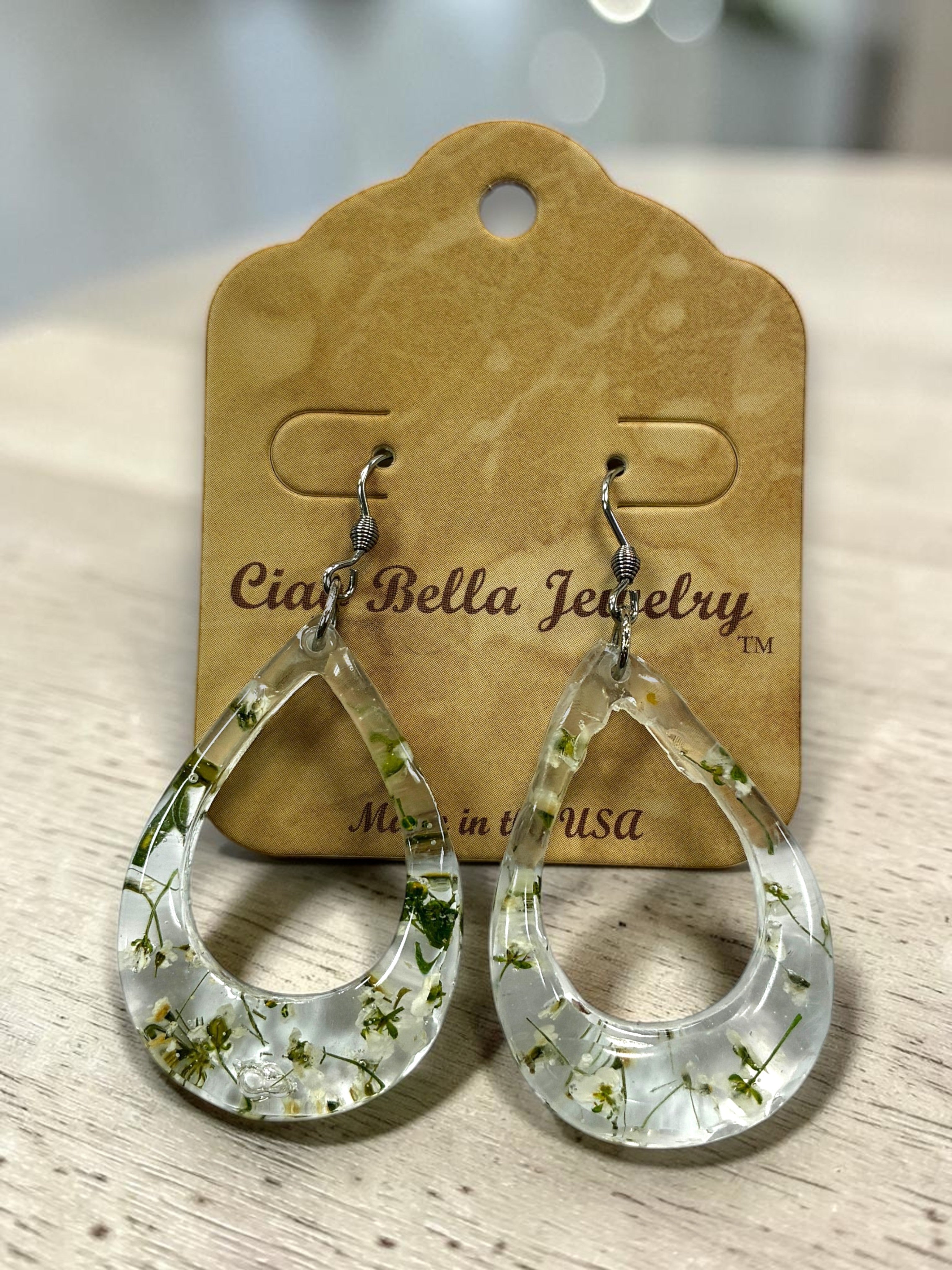 Pressed Flower Resin Teardrop Earrings in Rainbow Variant Colors