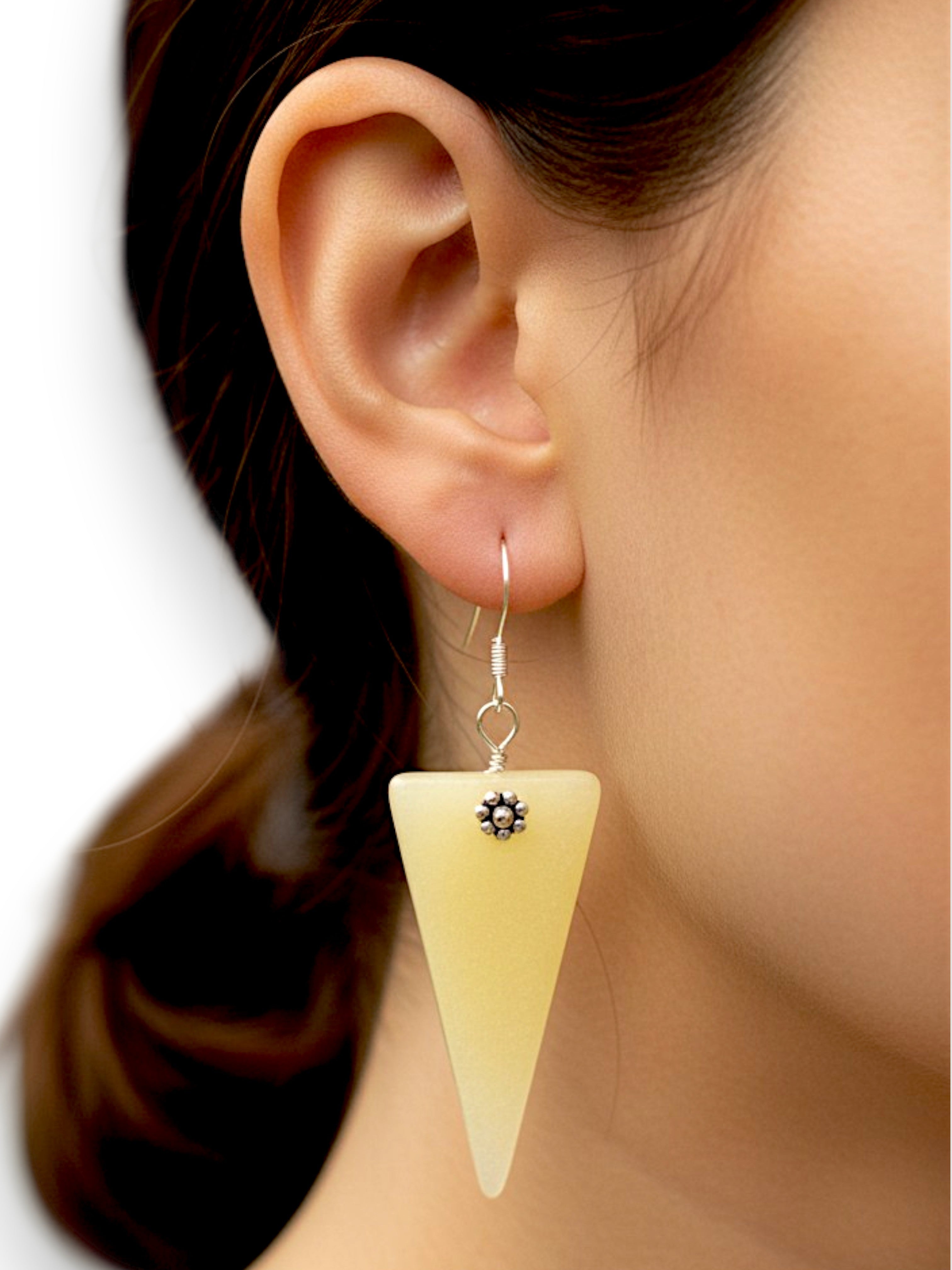 Light Yellow Cultured Sea Glass Triangle Drop Earrings | Coastal Elegance | Unique Handmade Jewelry