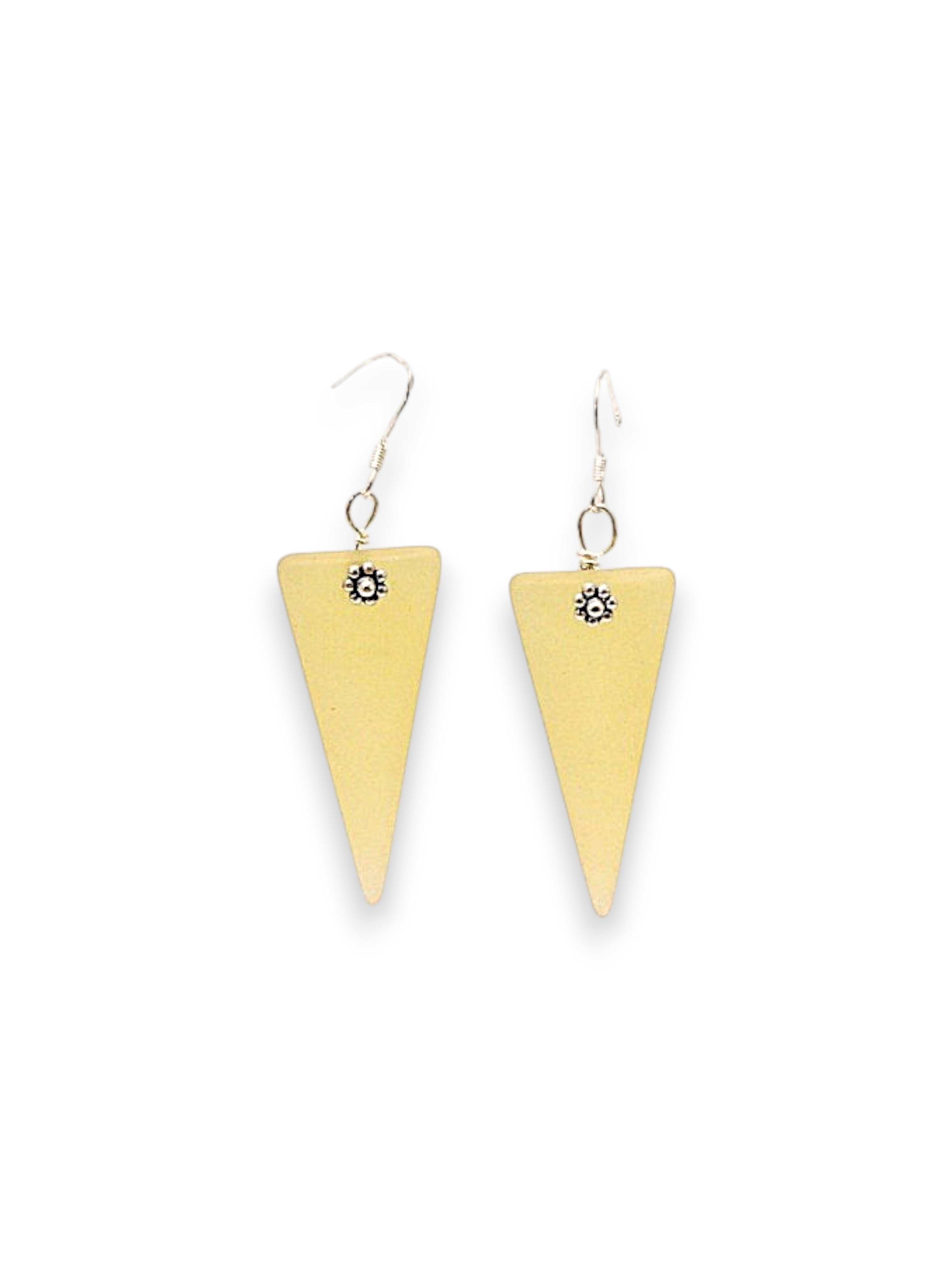 Light Yellow Cultured Sea Glass Triangle Drop Earrings | Coastal Elegance | Unique Handmade Jewelry