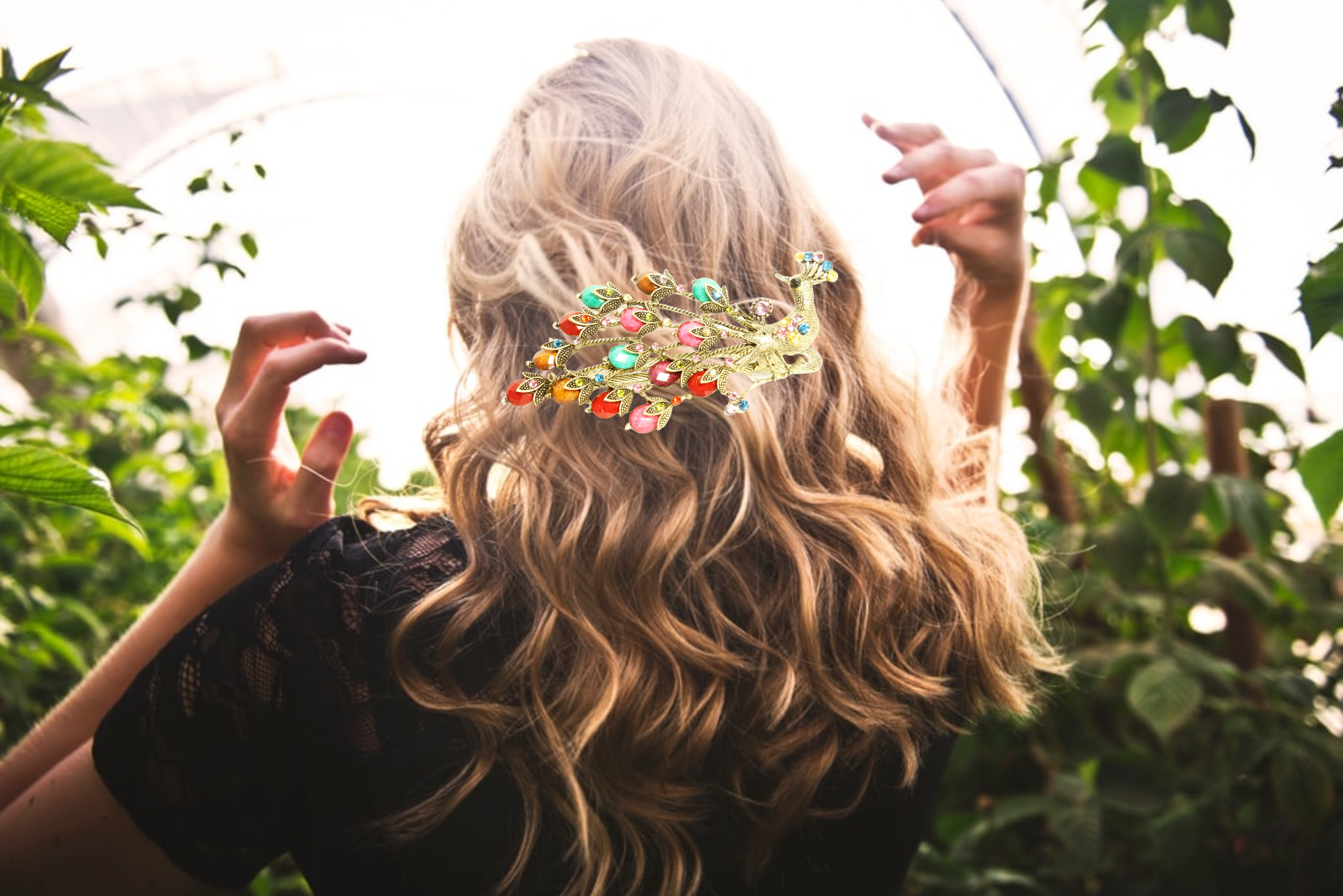 Peacock hair clip with alligator claw