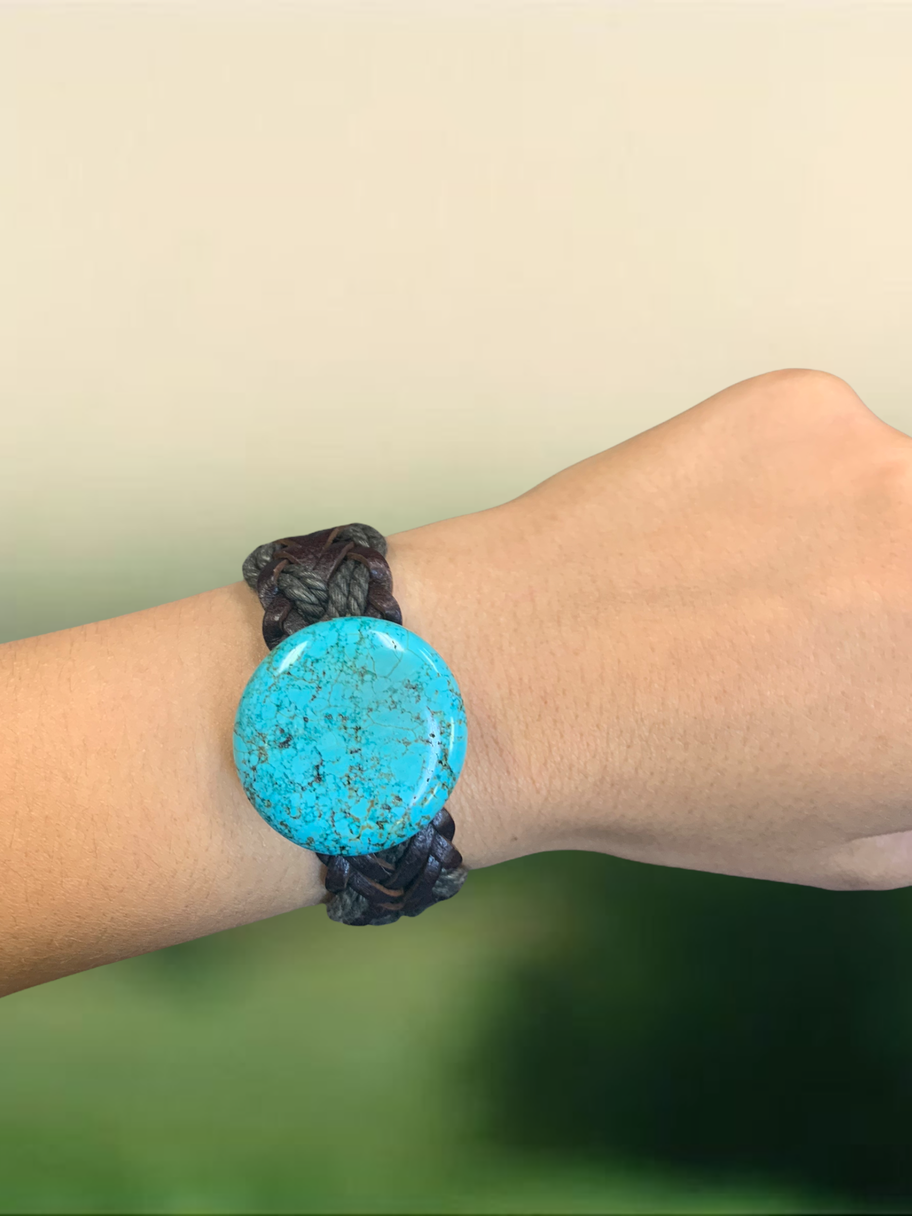 Natural Turquoise Unisex Braided Leather Buckle Bracelet | Tan or Brown