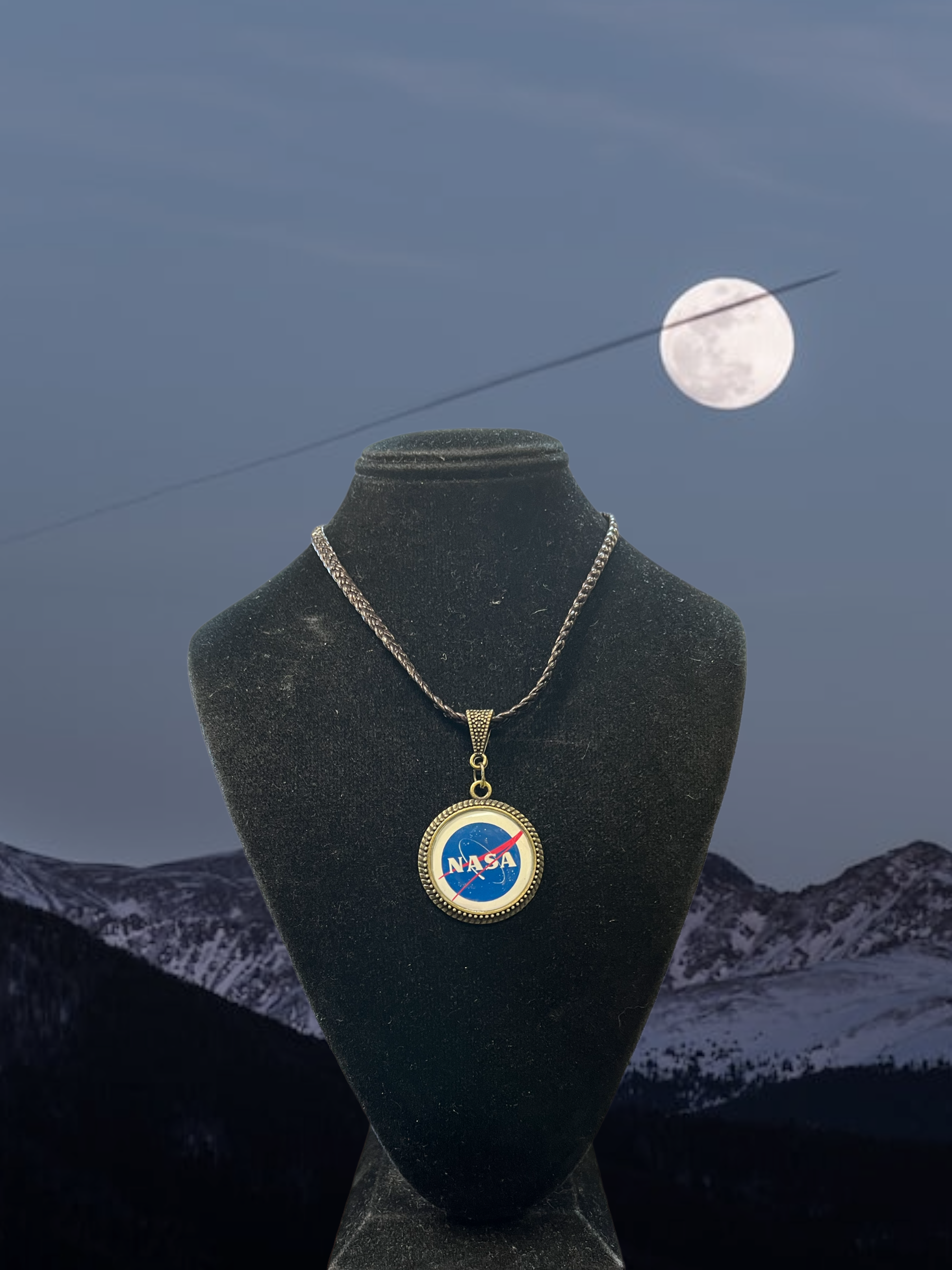 NASA Pendant Necklace | Black Cord | Antique Gold Setting | Space Fan Gift