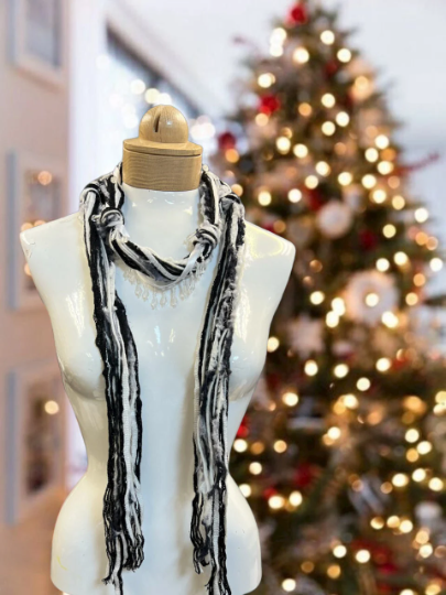 Boho Beaded Lightweight Scarf Necklace - Black and White Scarf