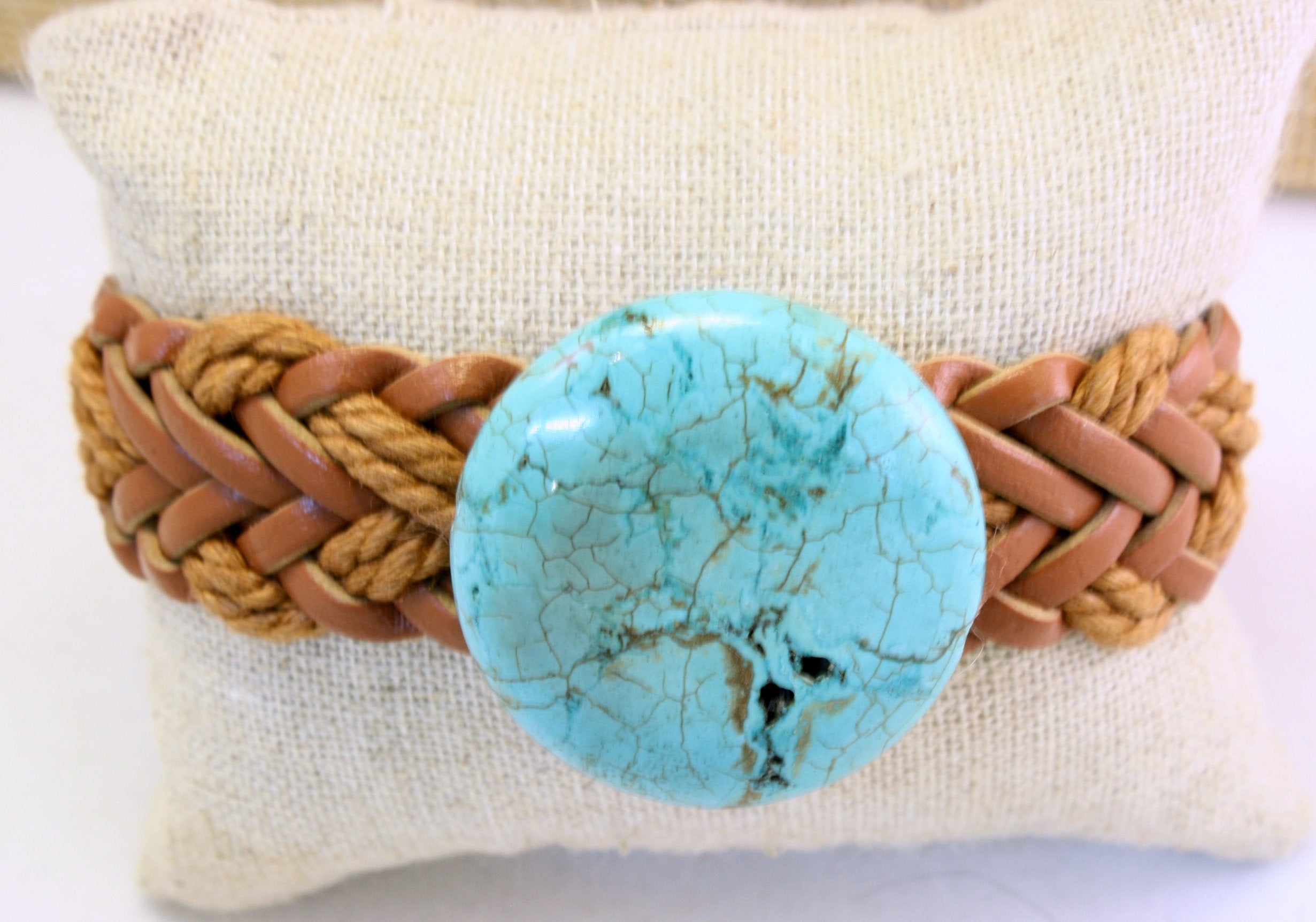 Natural Turquoise Unisex Braided Leather Buckle Bracelet | Tan or Brown