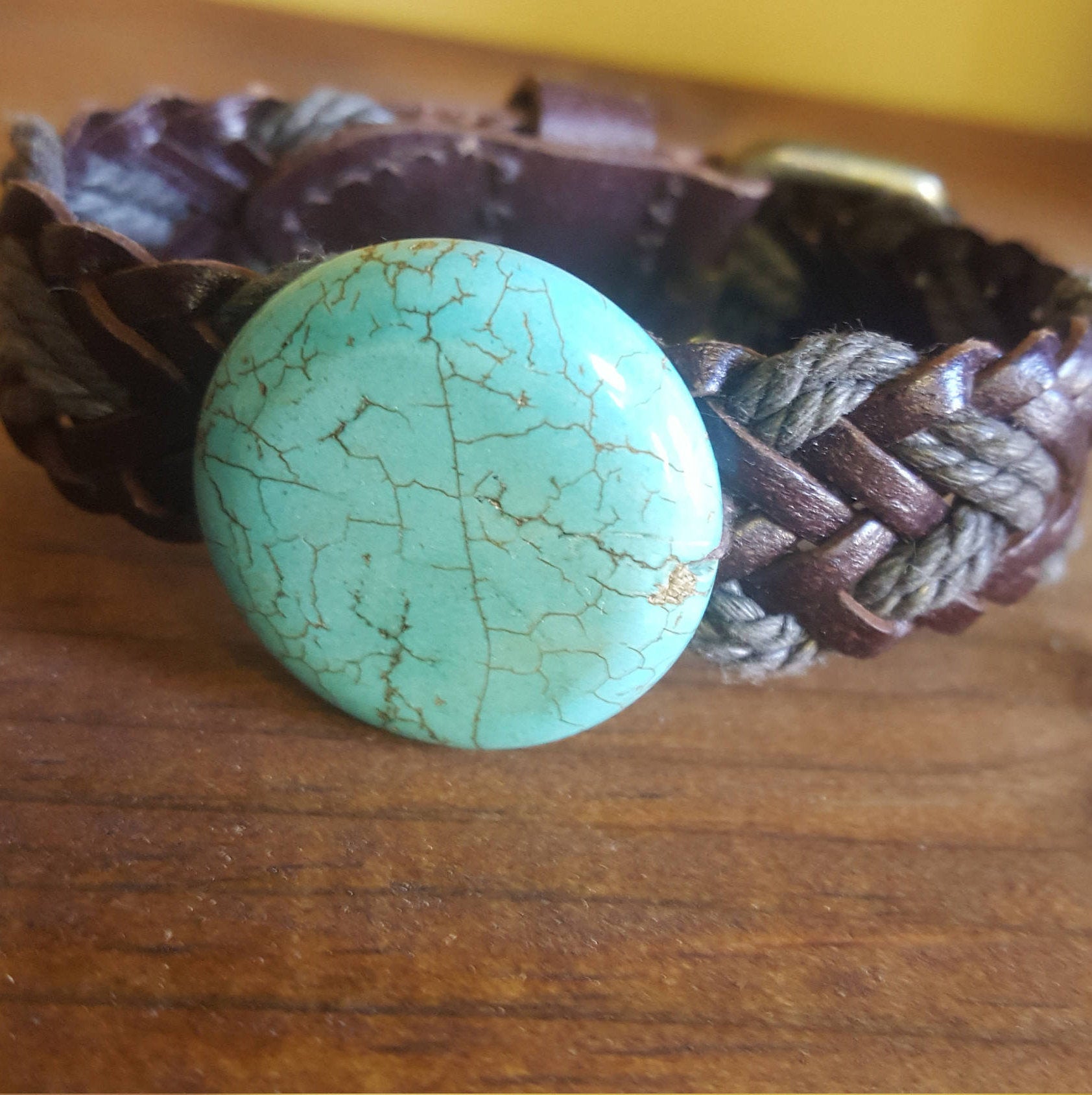 Natural Turquoise Unisex Braided Leather Buckle Bracelet | Tan or Brown