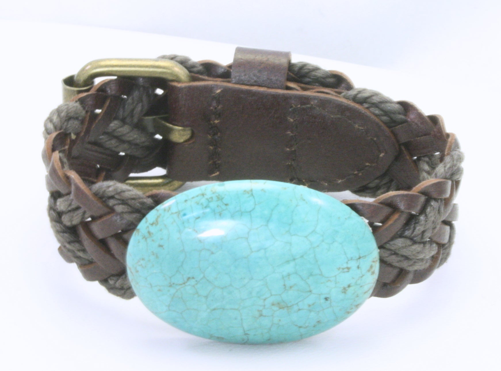 Natural Turquoise Unisex Braided Leather Buckle Bracelet | Tan or Brown