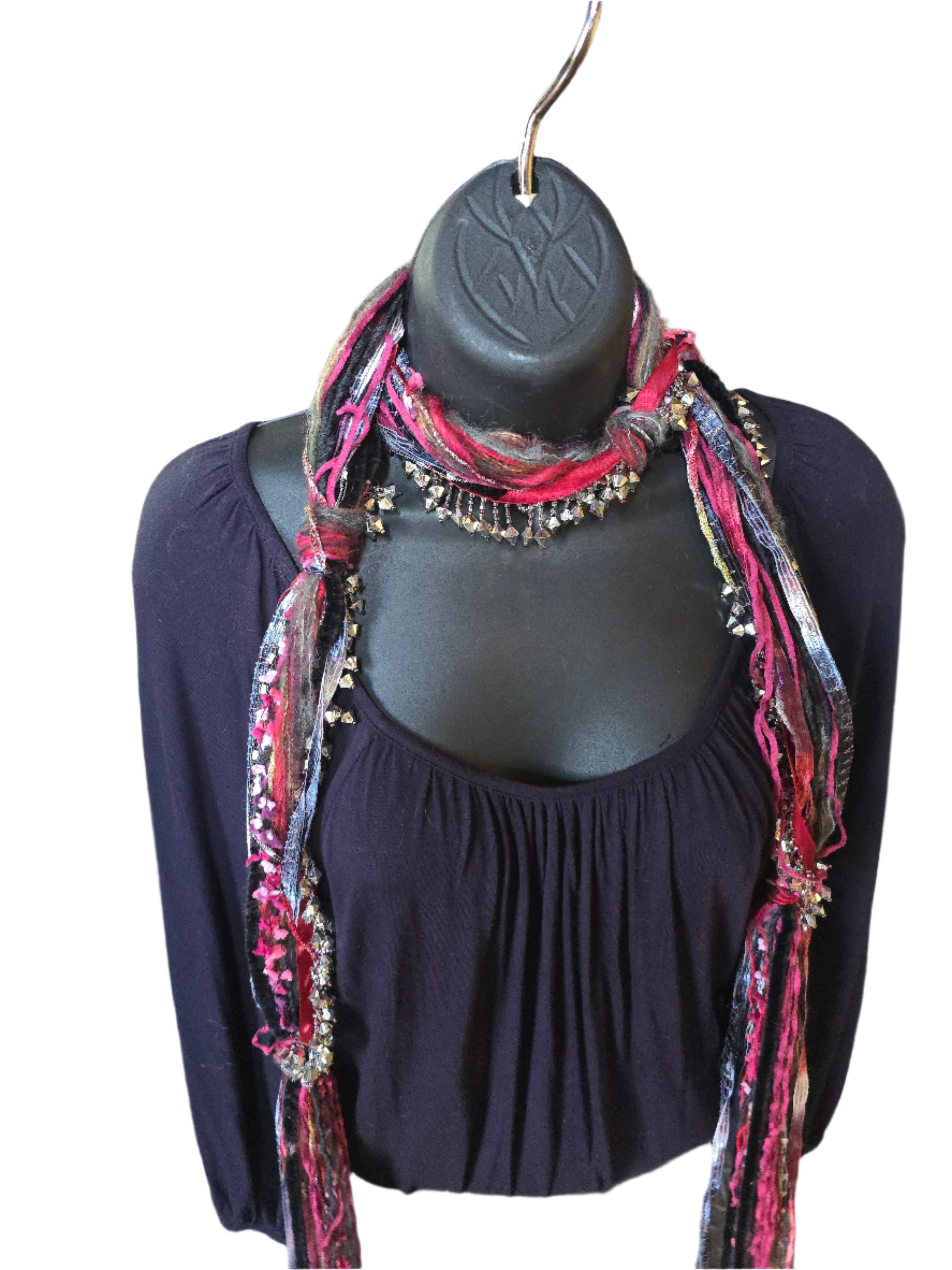 Boho Beaded Lightweight Scarf Necklace - Red and Black with Metal Beads