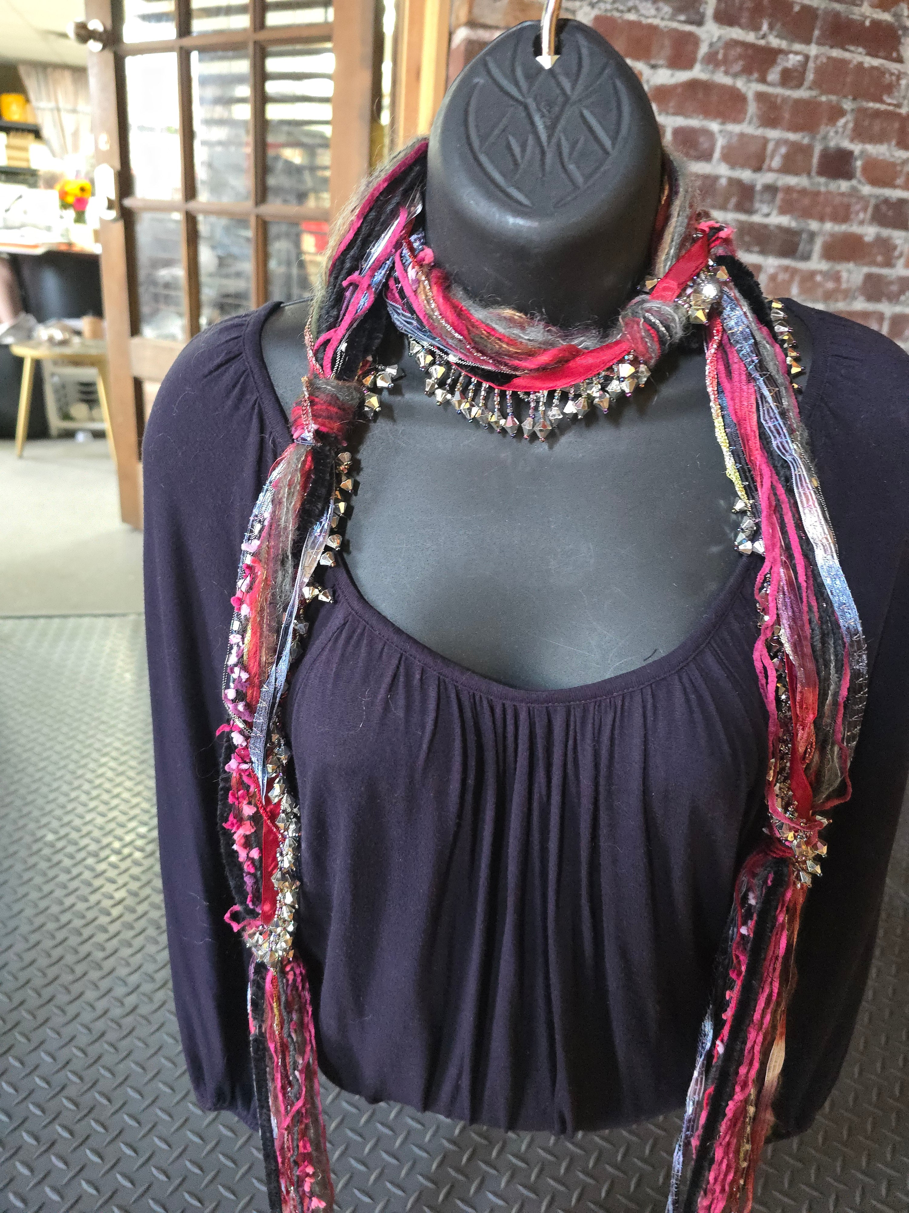 Boho Beaded Lightweight Scarf Necklace - Red and Black with Metal Beads