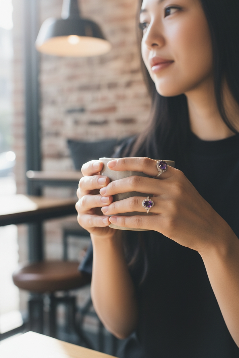 Silver Amethyst-Hued Crystal Silver Ring - Adjustable & Intricate Design