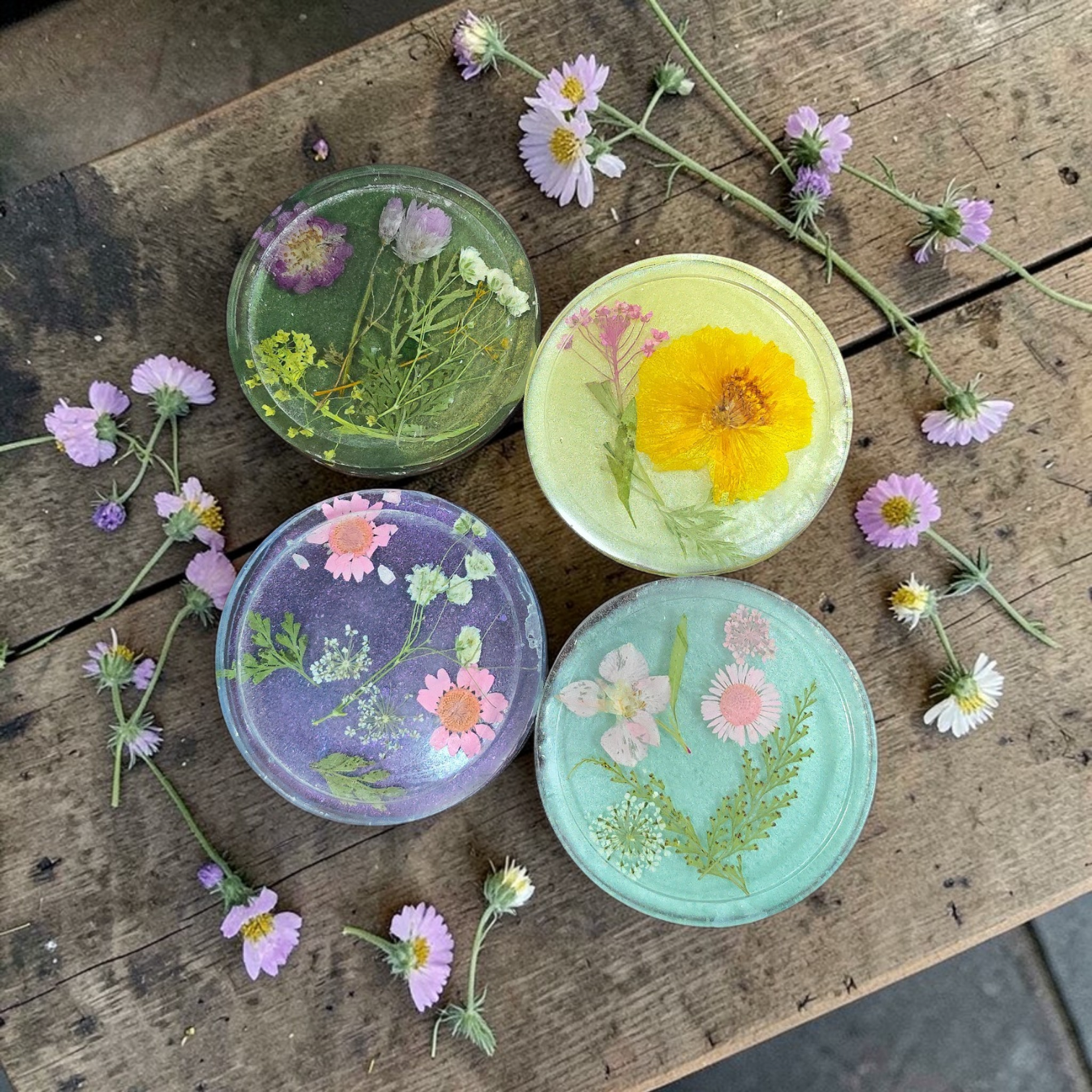 Handmade Real Flower Colorful Coasters - Set of 2 or 4
