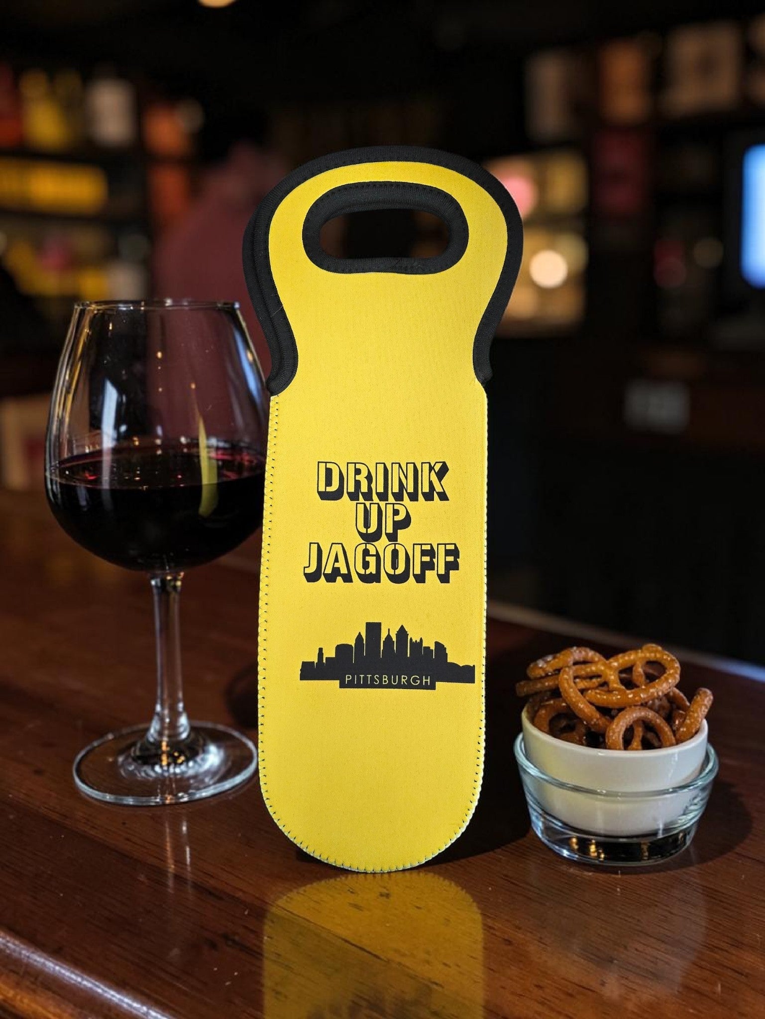 "Drink Up Jagoff" Pittsburgh Wine Bag and Wine Bottle Stopper