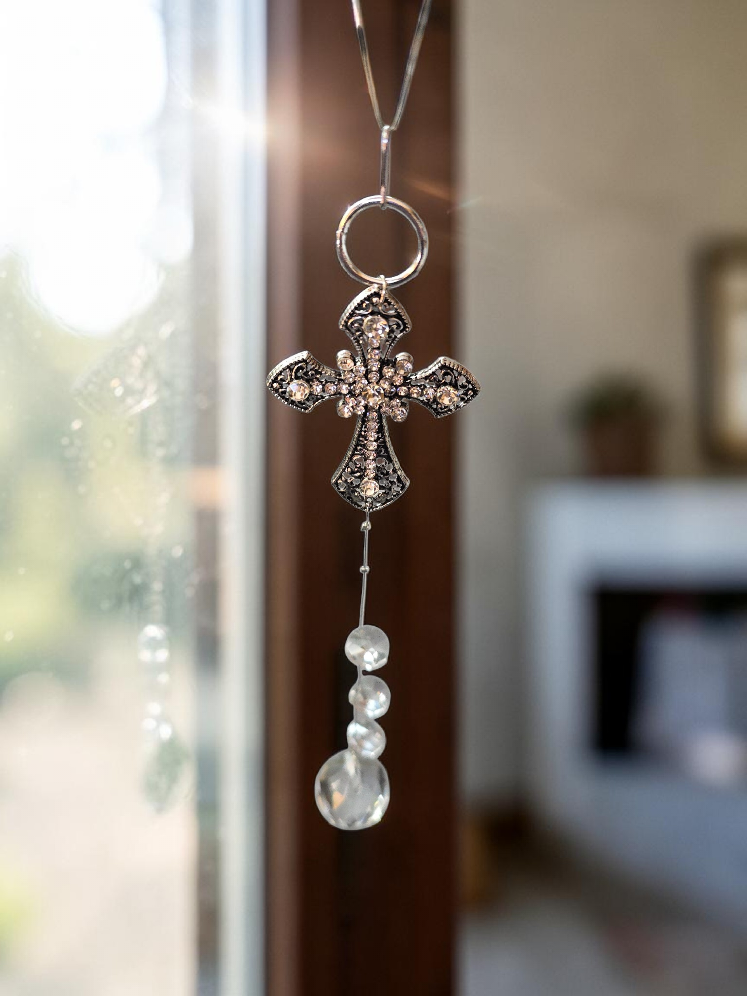 Silver Cross Car Pendant with Crystals | Unique Car Accessory | Handmade