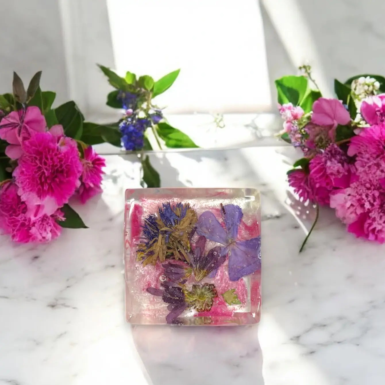 Set of Four Pressed Flower Resin Botanical Square Magnets