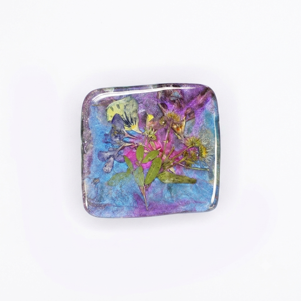 Set of Four Pressed Flower Resin Botanical Square Magnets