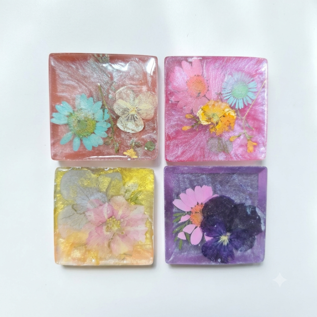 Set of Four Pressed Flower Resin Botanical Square Magnets
