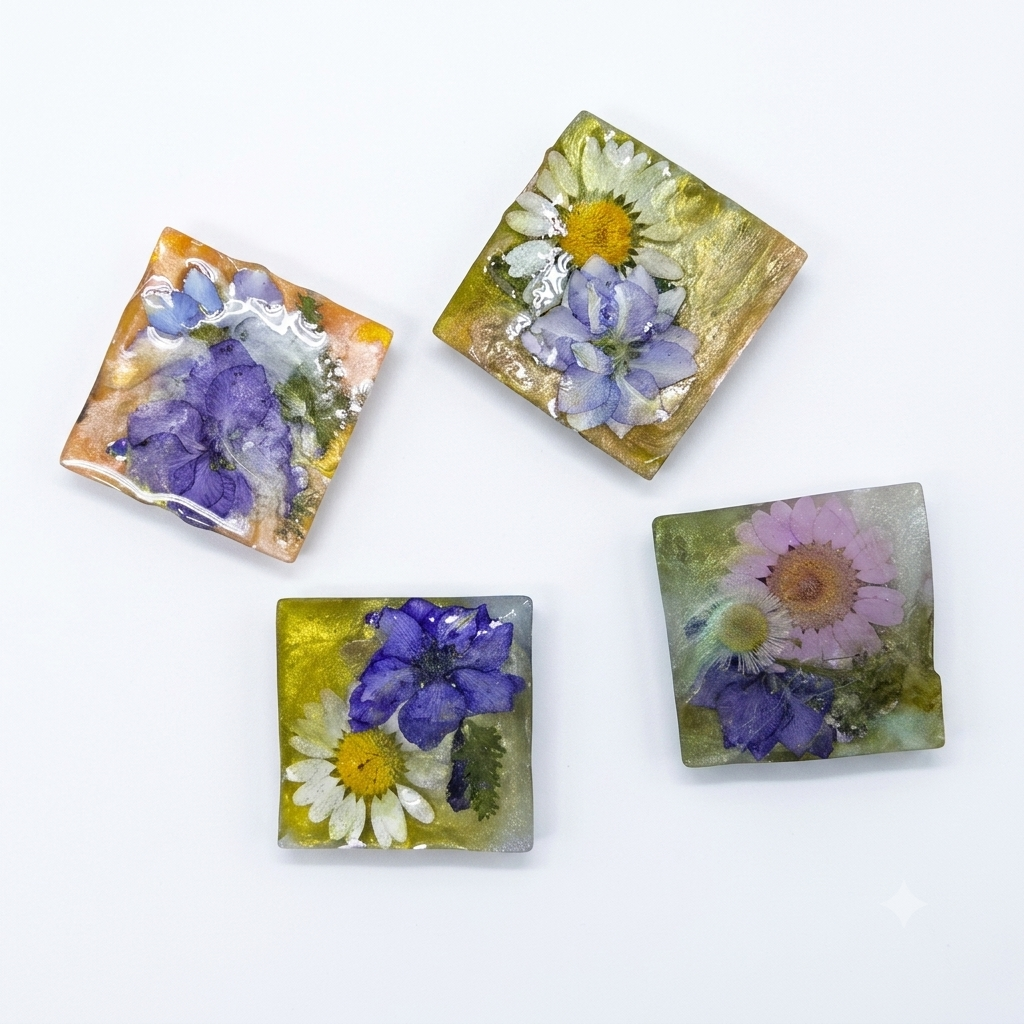 Set of Four Pressed Flower Resin Botanical Square Magnets