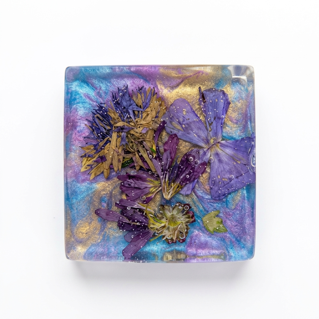 Set of Four Pressed Flower Resin Botanical Square Magnets