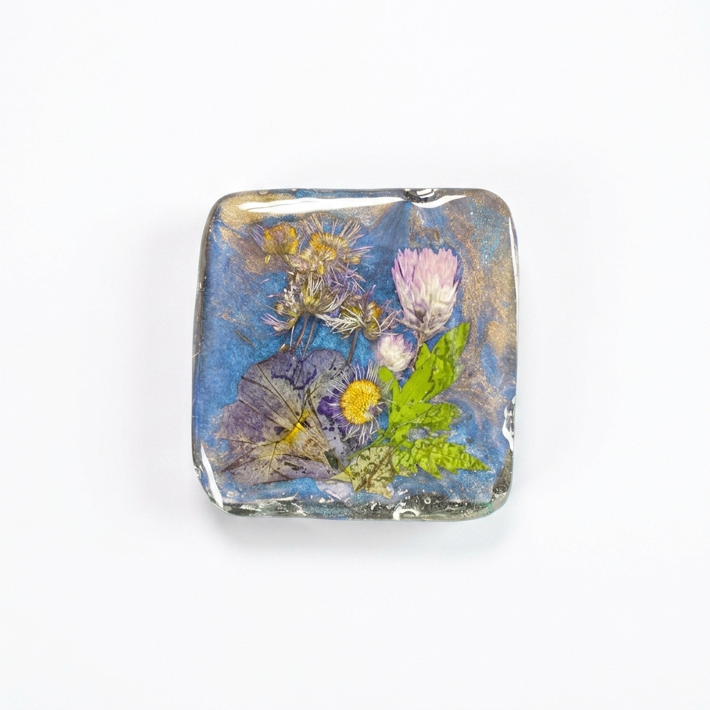 Set of Four Pressed Flower Resin Botanical Square Magnets