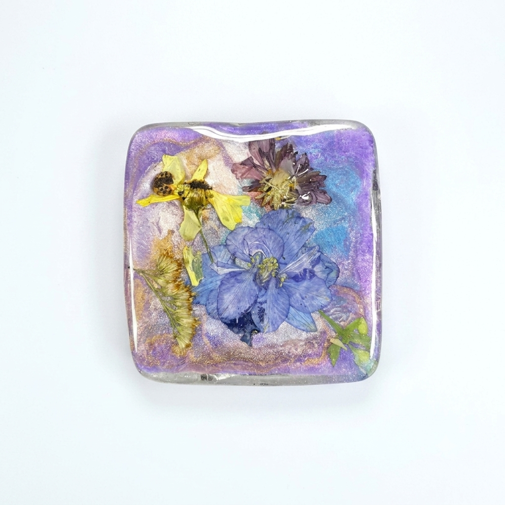 Set of Four Pressed Flower Resin Botanical Square Magnets