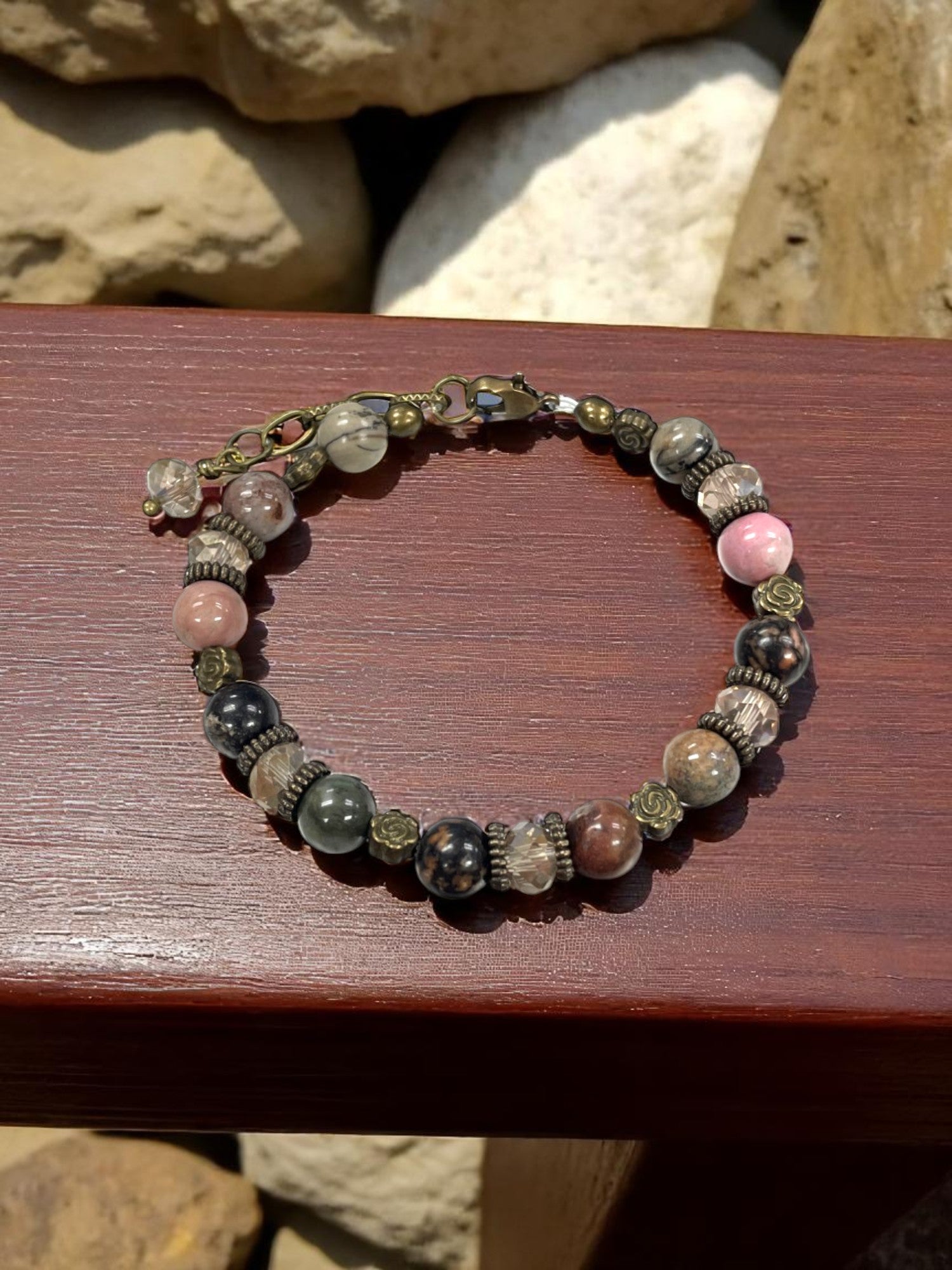 Rhodonite and Bronze Flower Bracelet with Crystal Accents