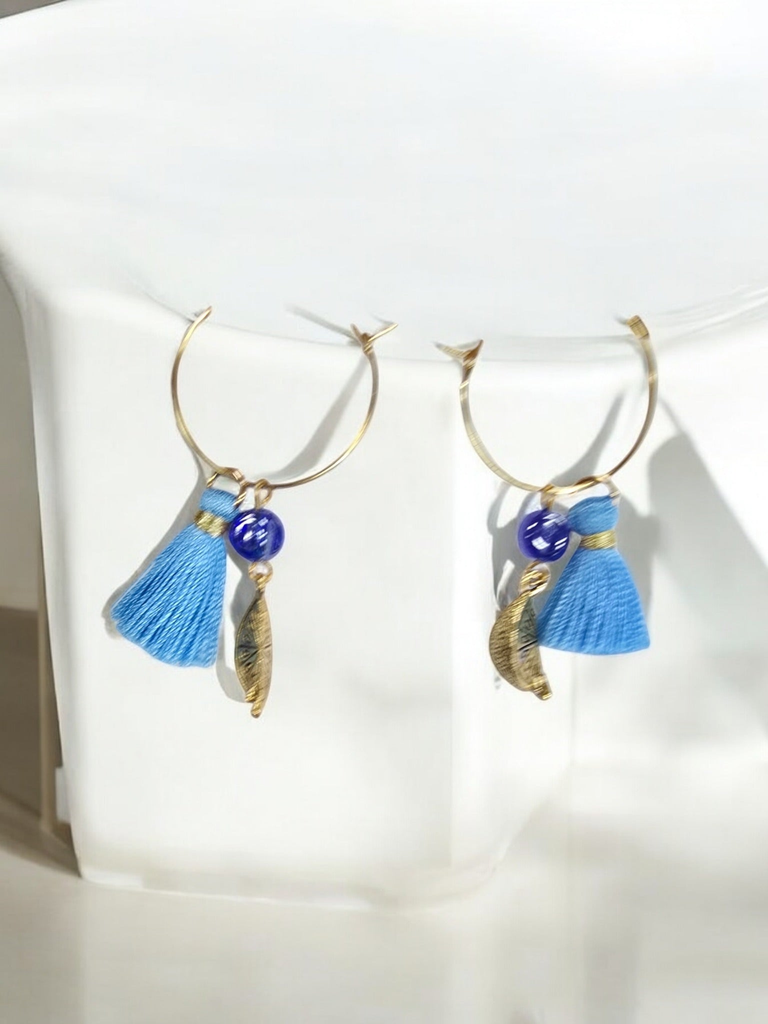 Lemon Charm Earrings Gold-Plated Stainless Hoop Earrings with Blue Tassel and  | Unique Citrus Jewelry