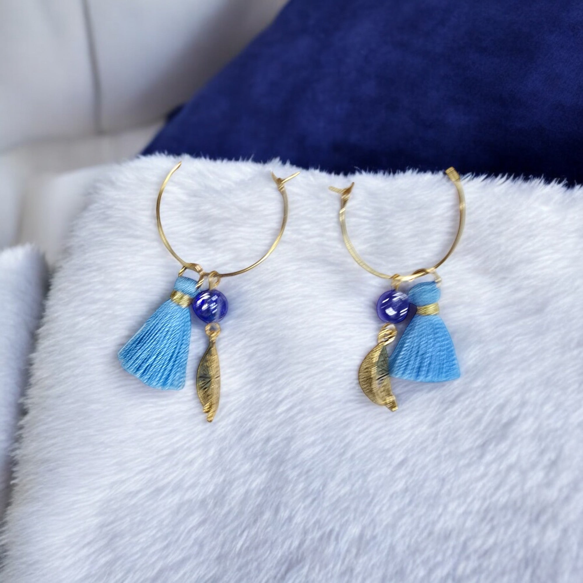 Lemon Charm Earrings Gold-Plated Stainless Hoop Earrings with Blue Tassel and  | Unique Citrus Jewelry