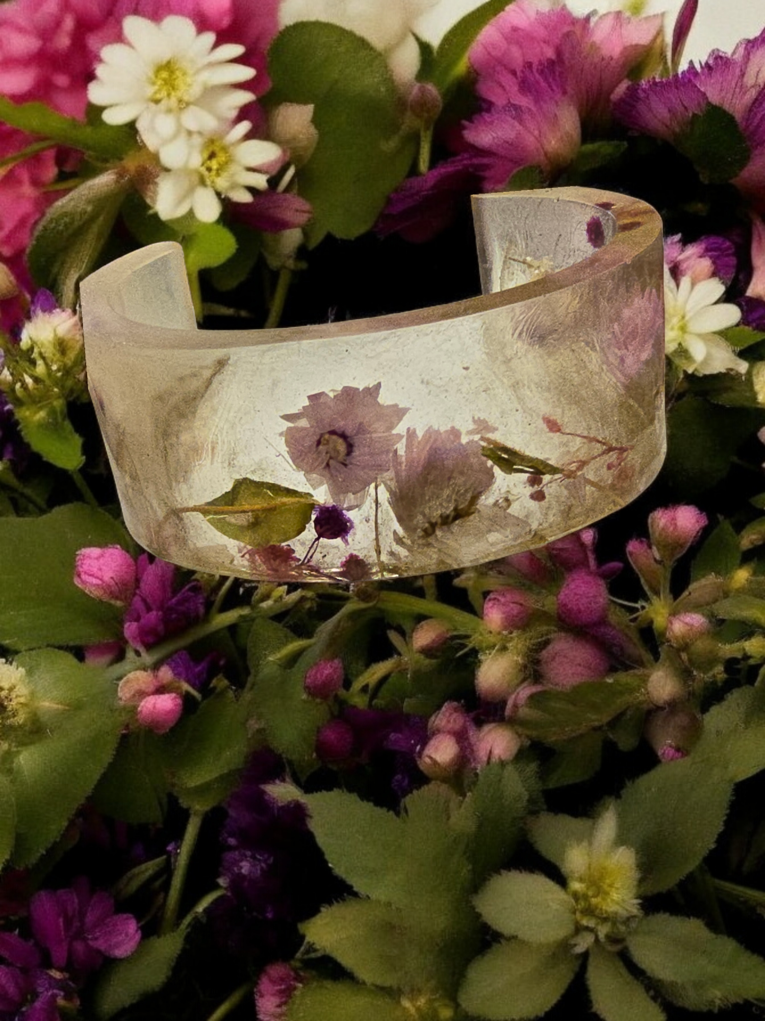 Colorful Handmade Pressed Flower Resin Cuff Bracelet | Unique Handmade Jewelry