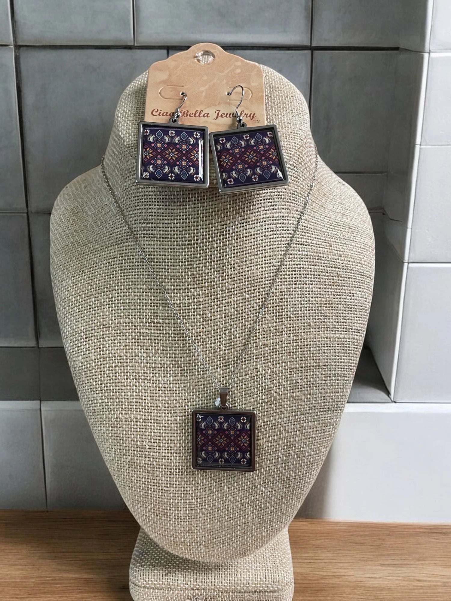 Purple Embroidery Pattern Square  Jewelry Set -  Silver Necklace & Earrings | Unique & Trendy