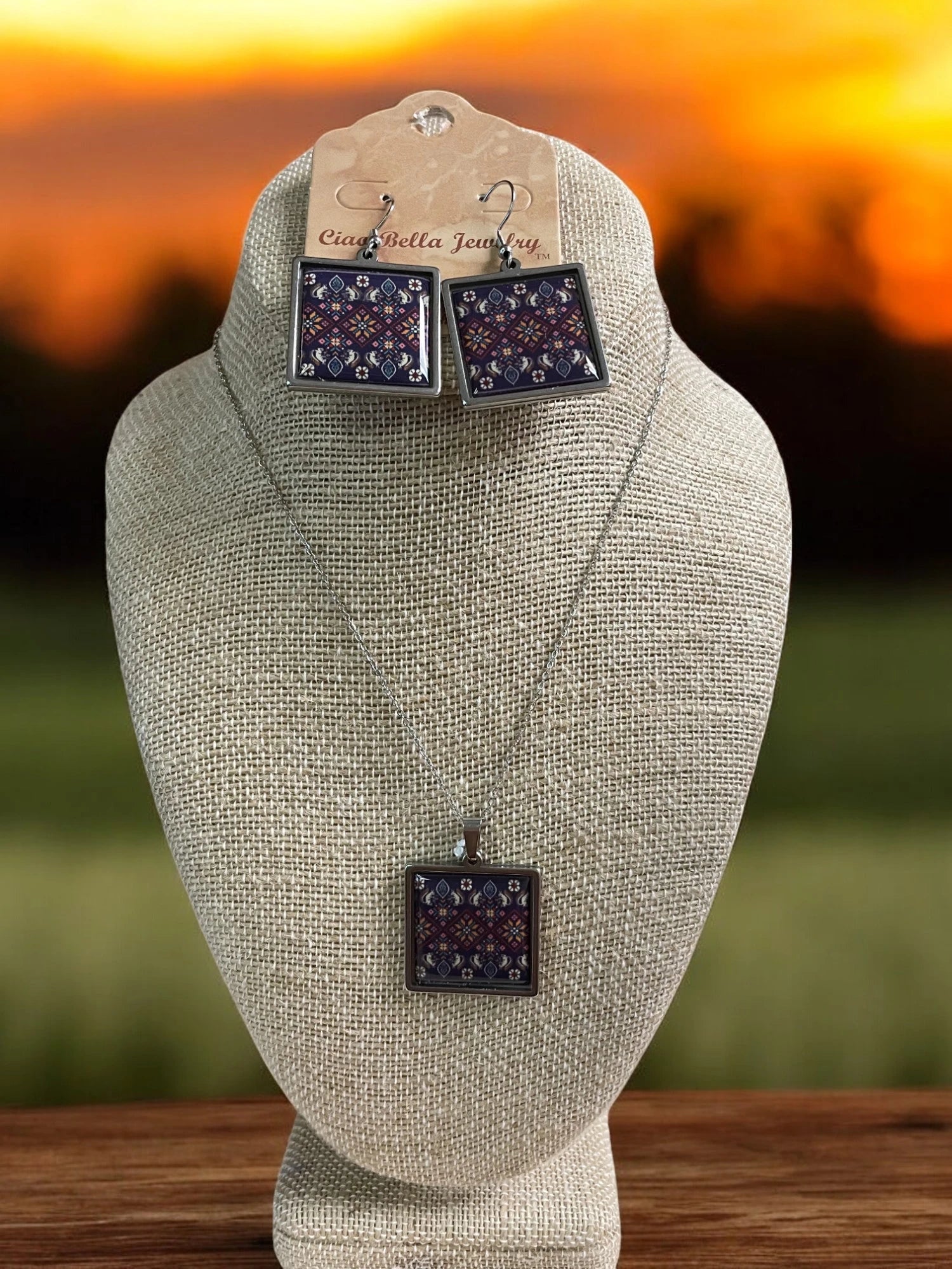 Purple Embroidery Pattern Square  Jewelry Set -  Silver Necklace & Earrings | Unique & Trendy