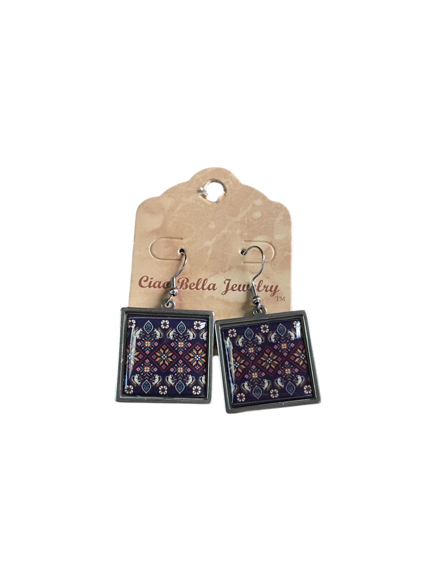 Purple Embroidery Pattern Square  Jewelry Set -  Silver Necklace & Earrings | Unique & Trendy
