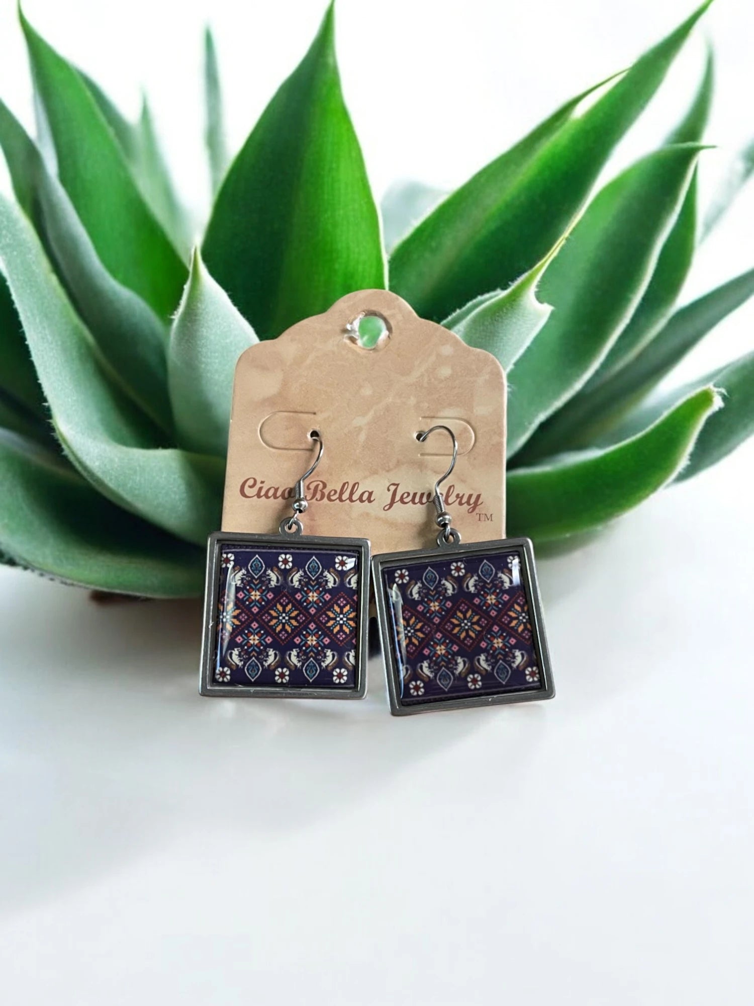 Purple Embroidery Pattern Square  Jewelry Set -  Silver Necklace & Earrings | Unique & Trendy
